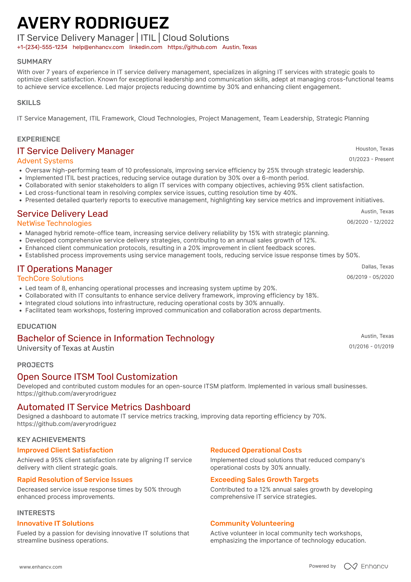 IT Service Delivery Manager resume example