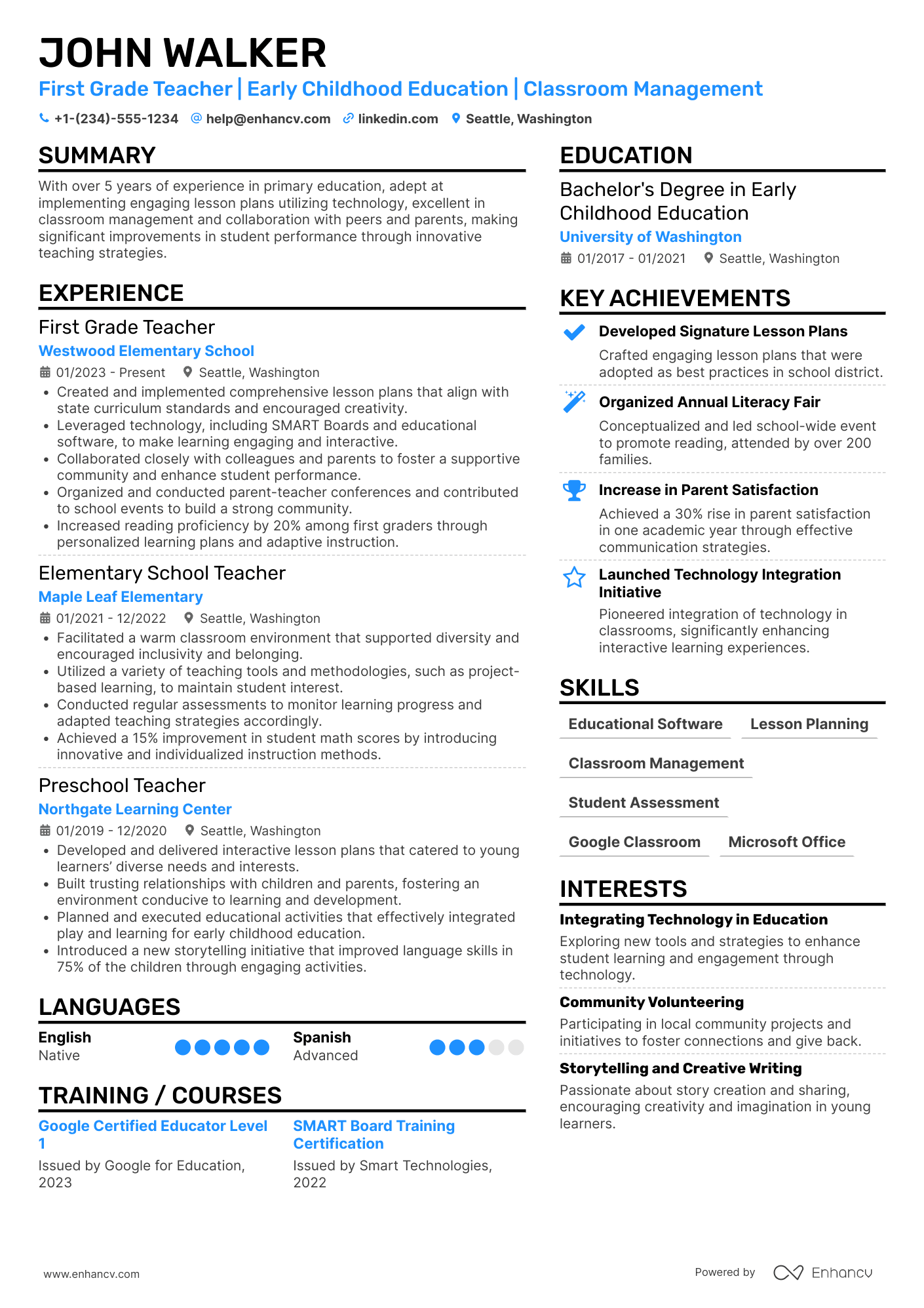First Grade Teacher resume example