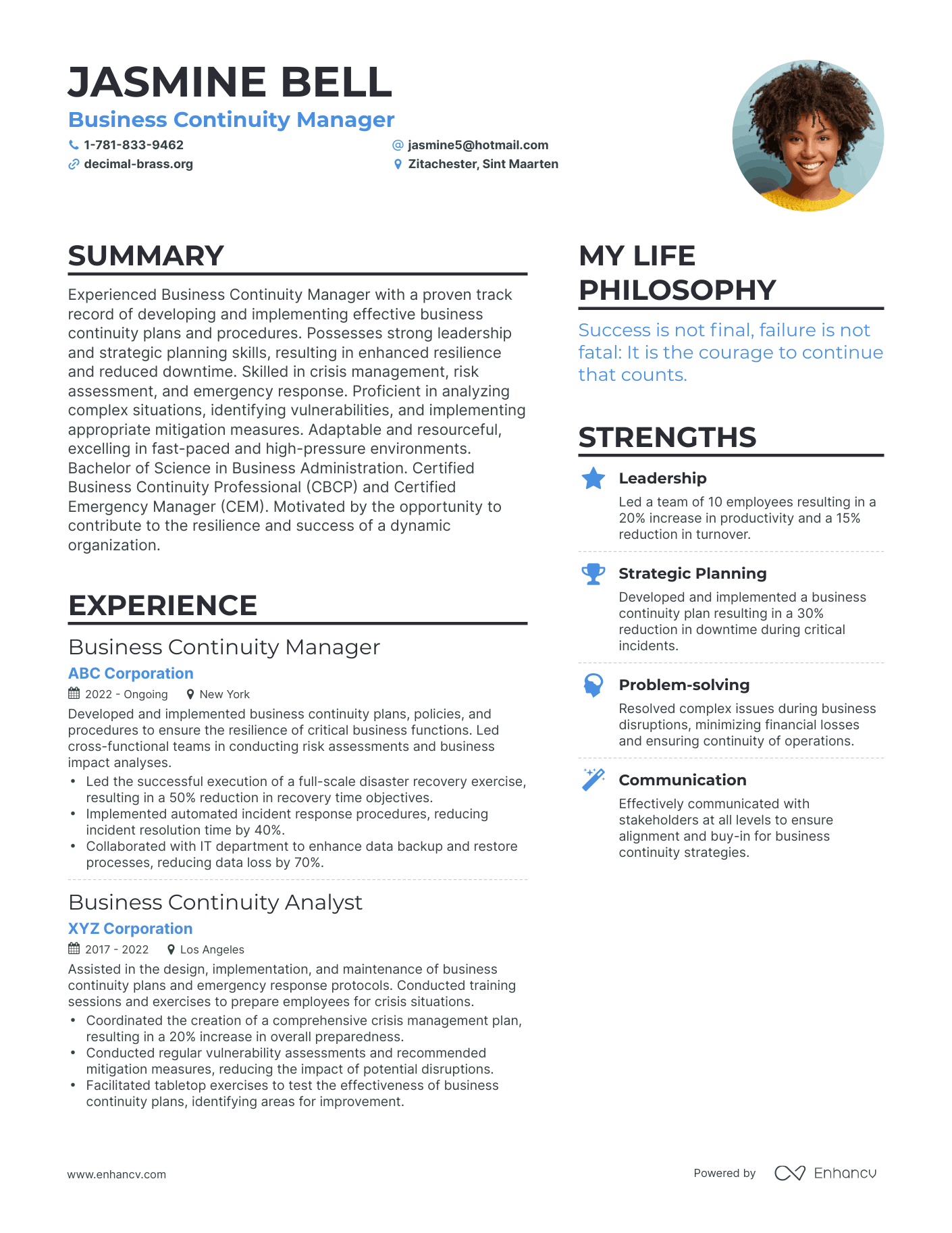 Modern Business Continuity Manager Resume Example