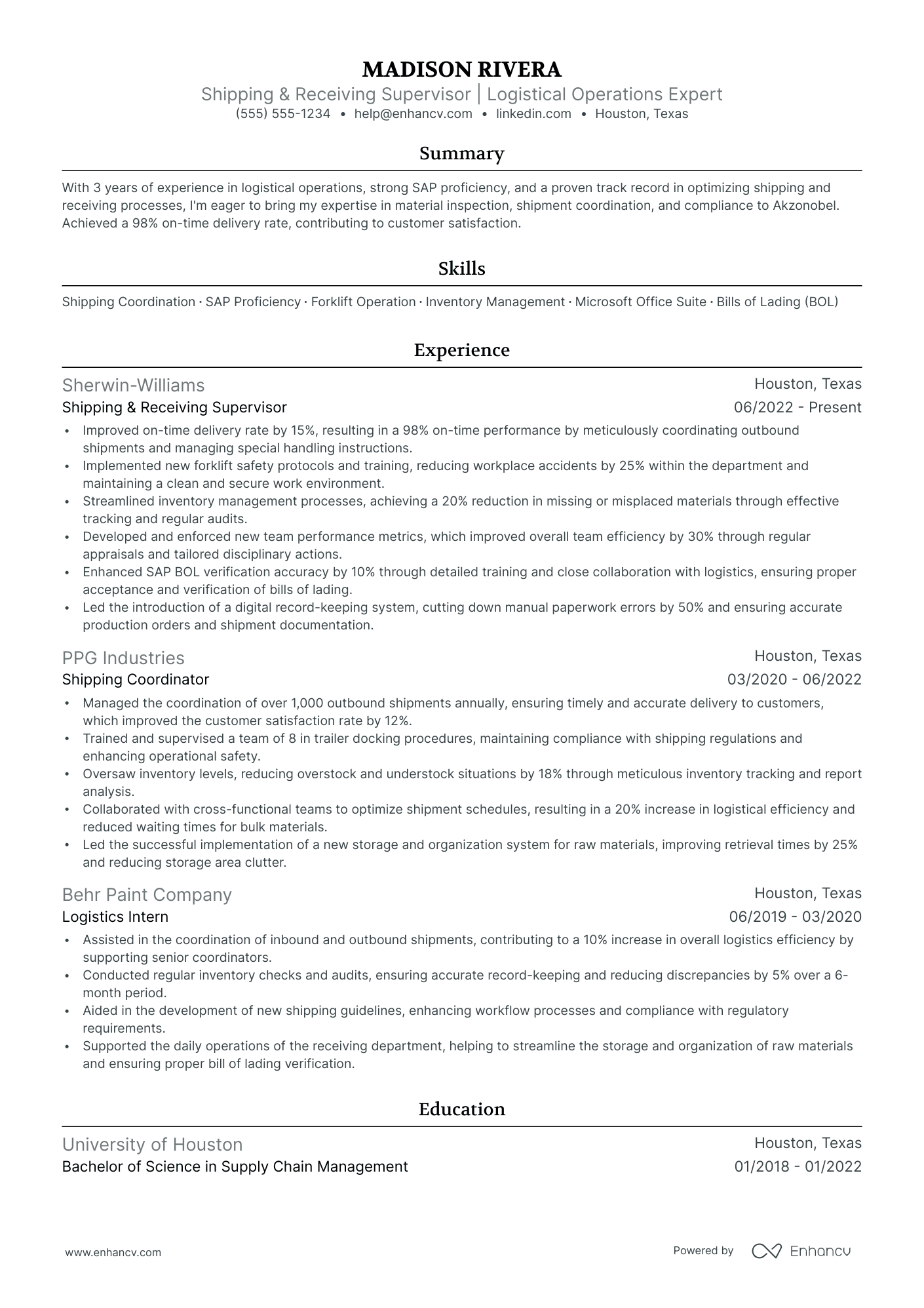 Shipping Receiving Clerk Supervisor resume example