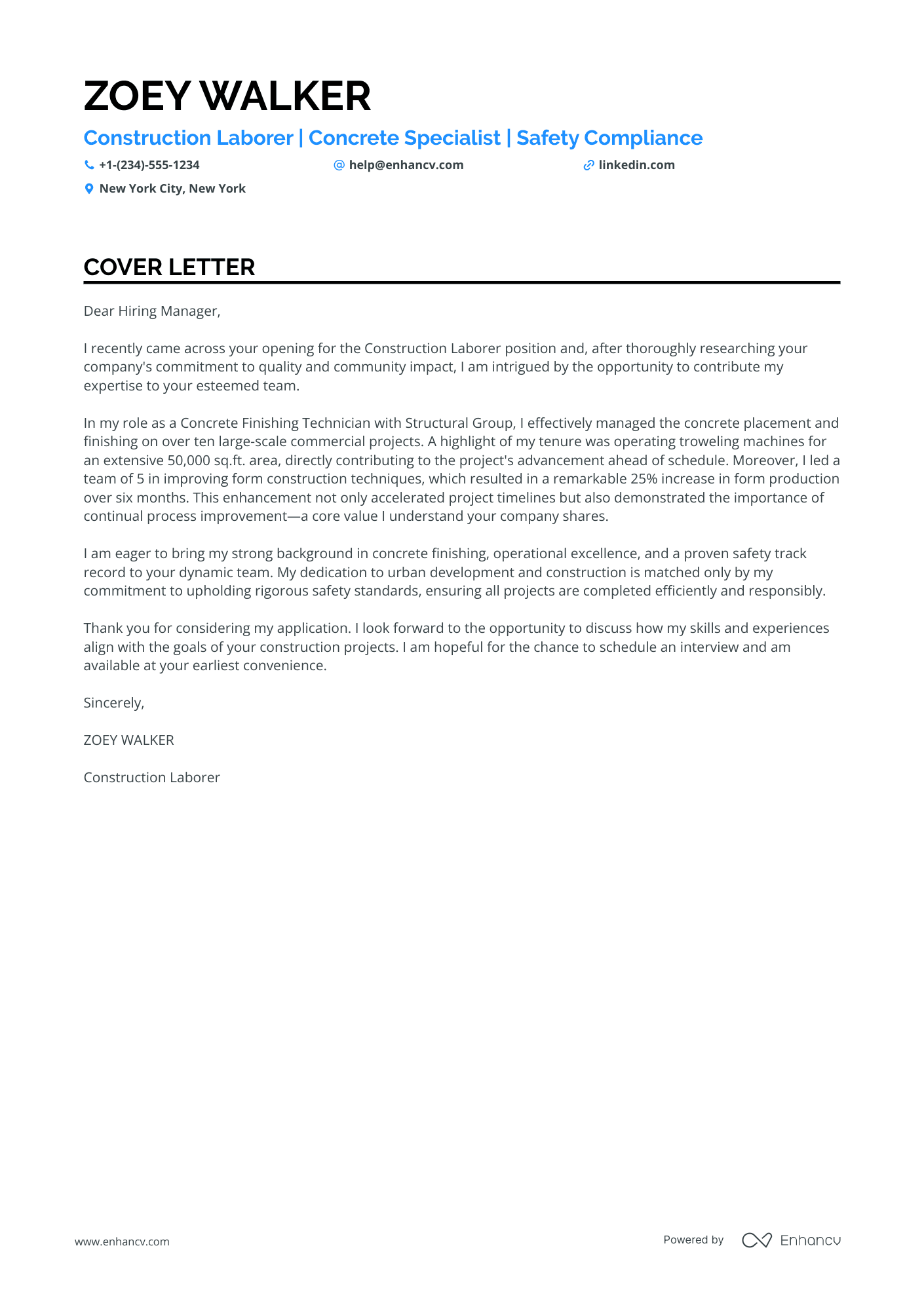 Construction Worker cover letter