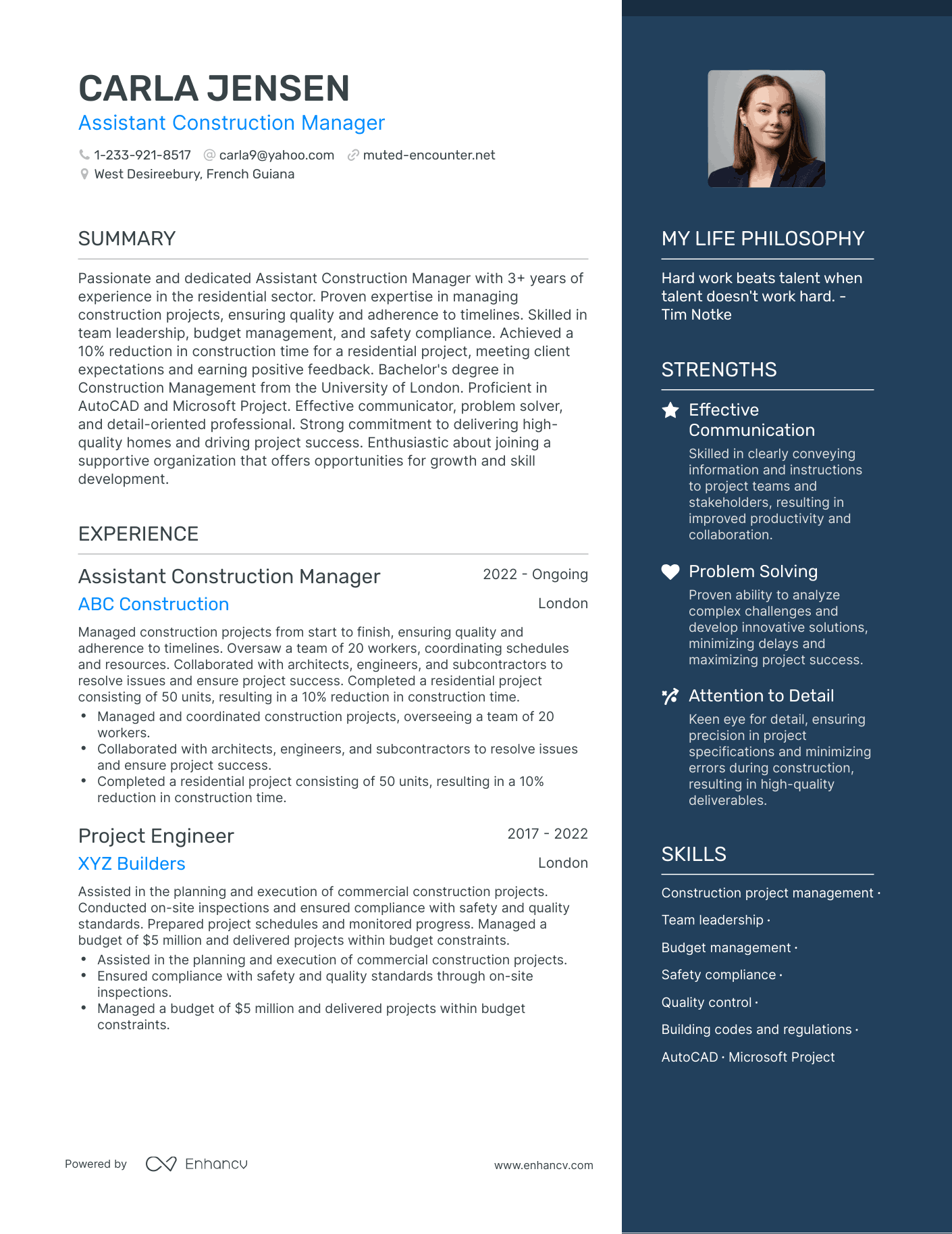 Modern Assistant Construction Manager Resume Example