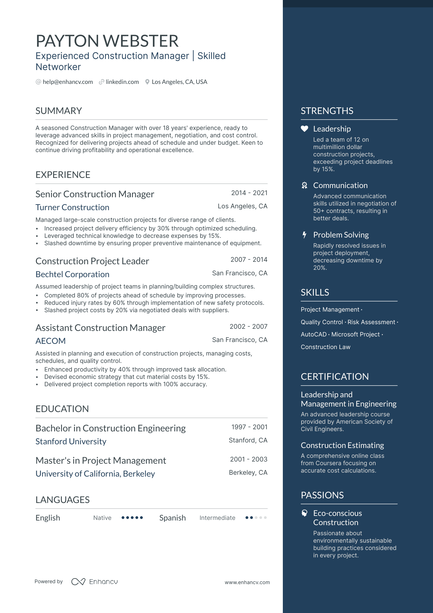 Construction Business Owner resume example