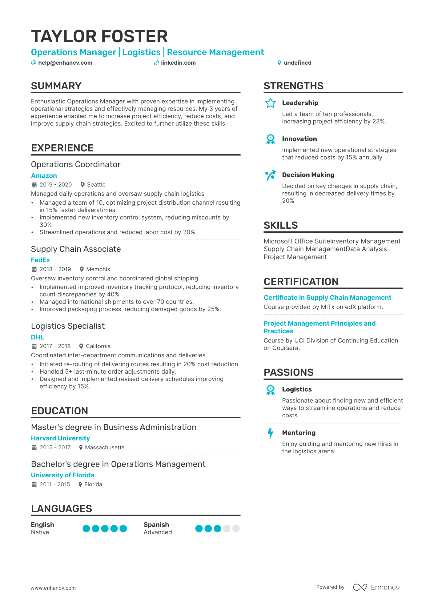 entry level operations manager resume example