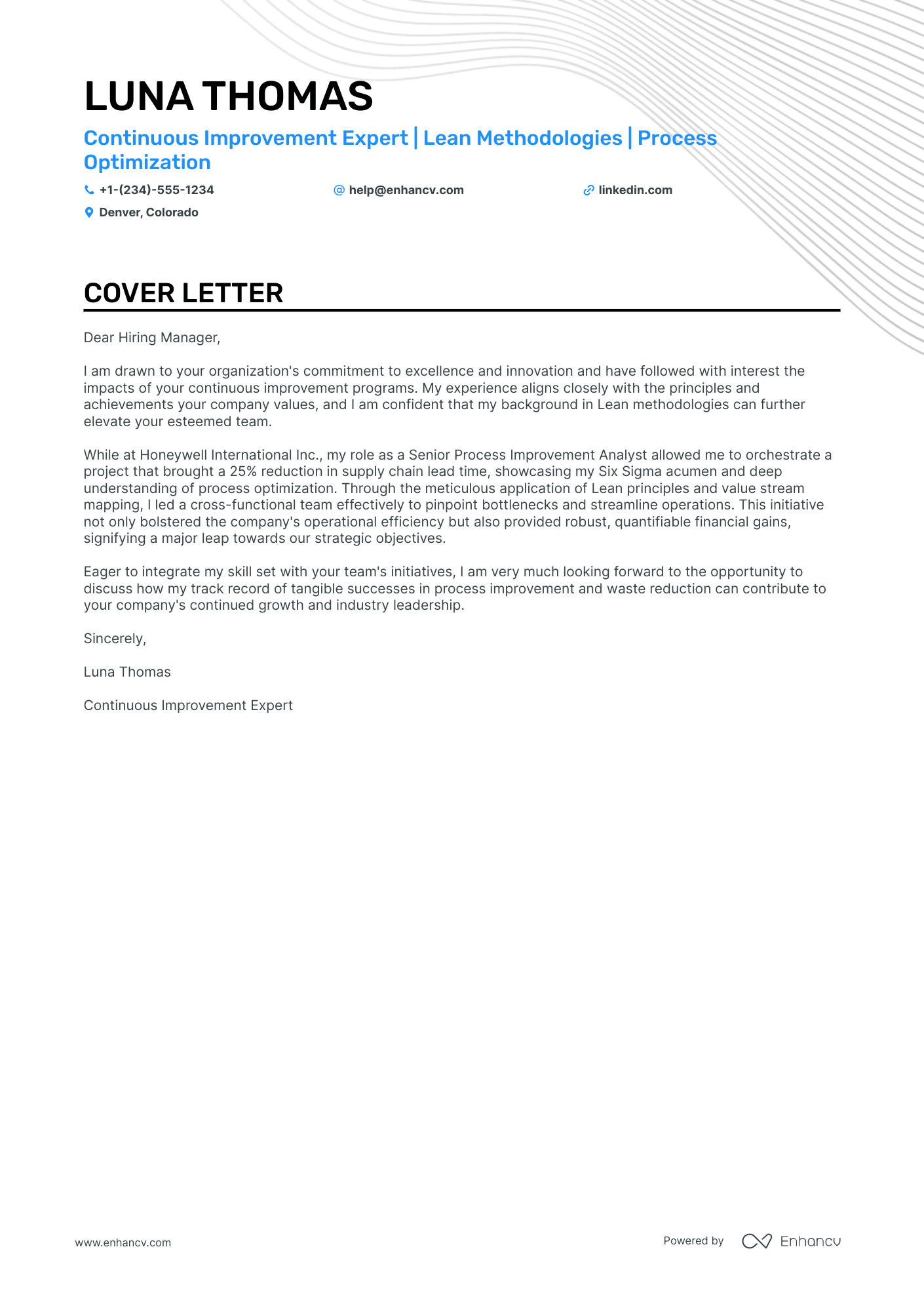 Continuous Improvement Manager cover letter