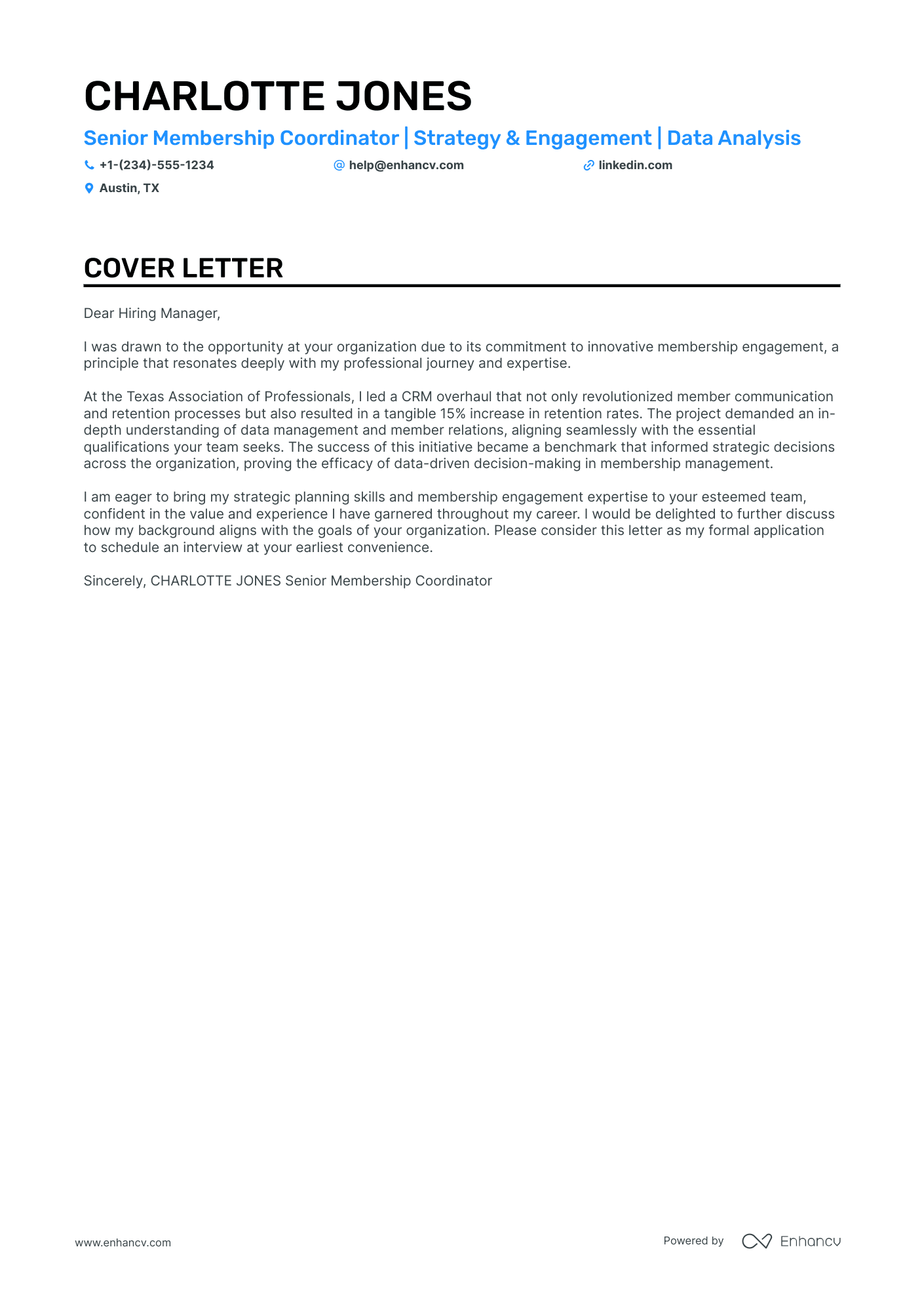 Membership Manager cover letter