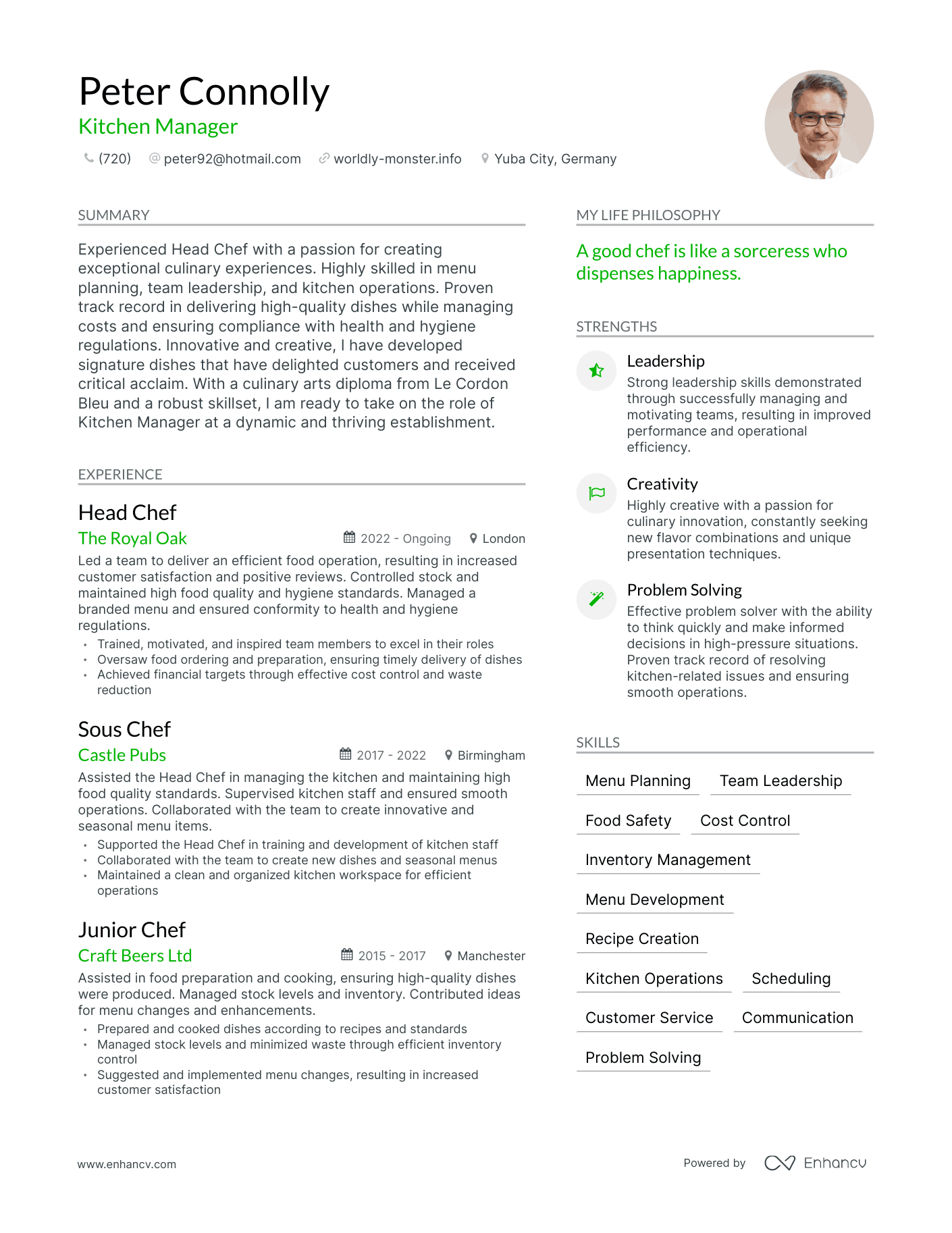 Modern Kitchen Manager Resume Example
