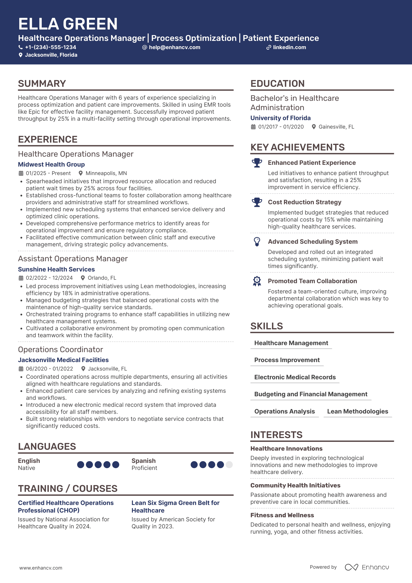 Healthcare Operations Manager resume example