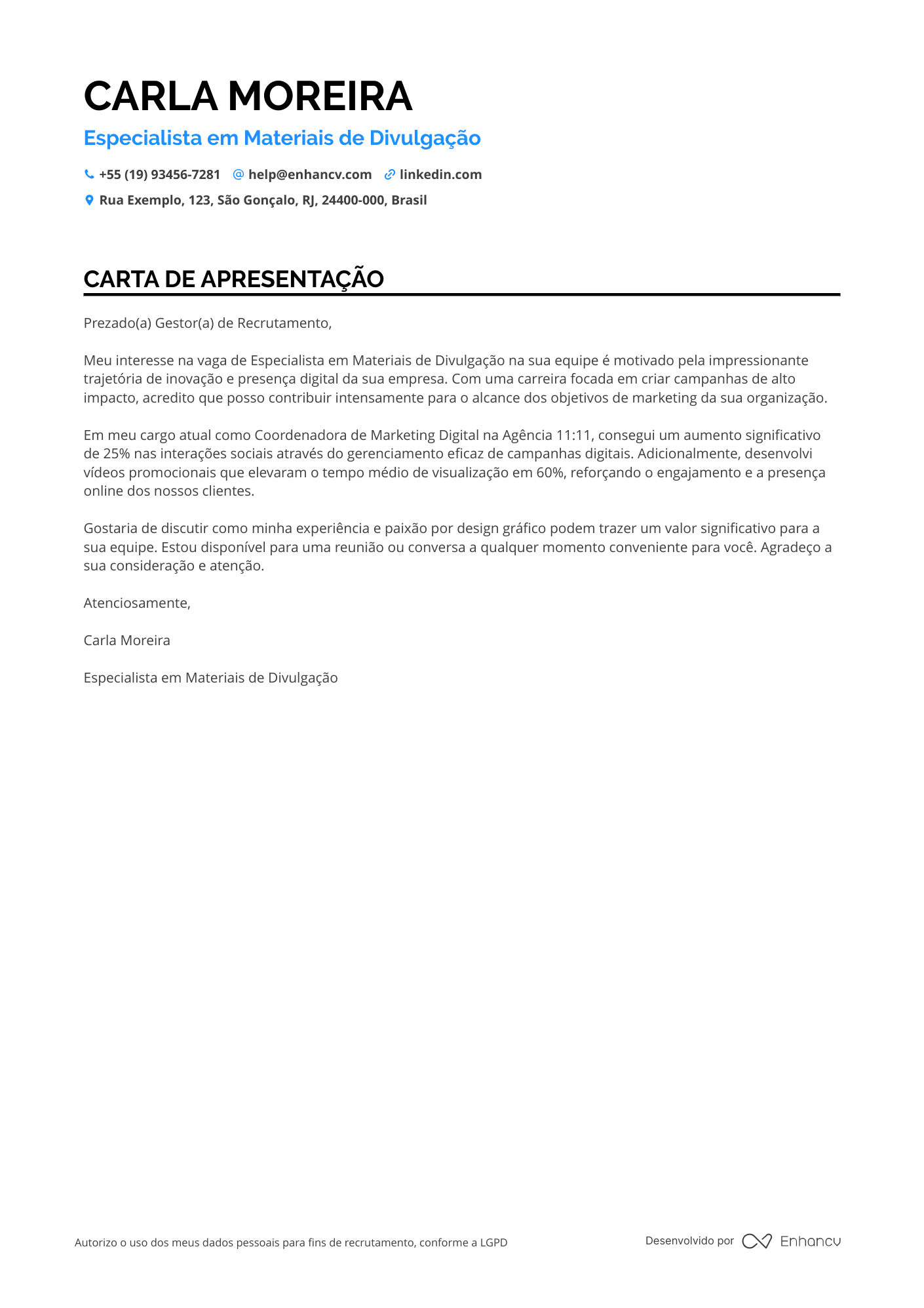 Assistente de marketing Carta de apresentação