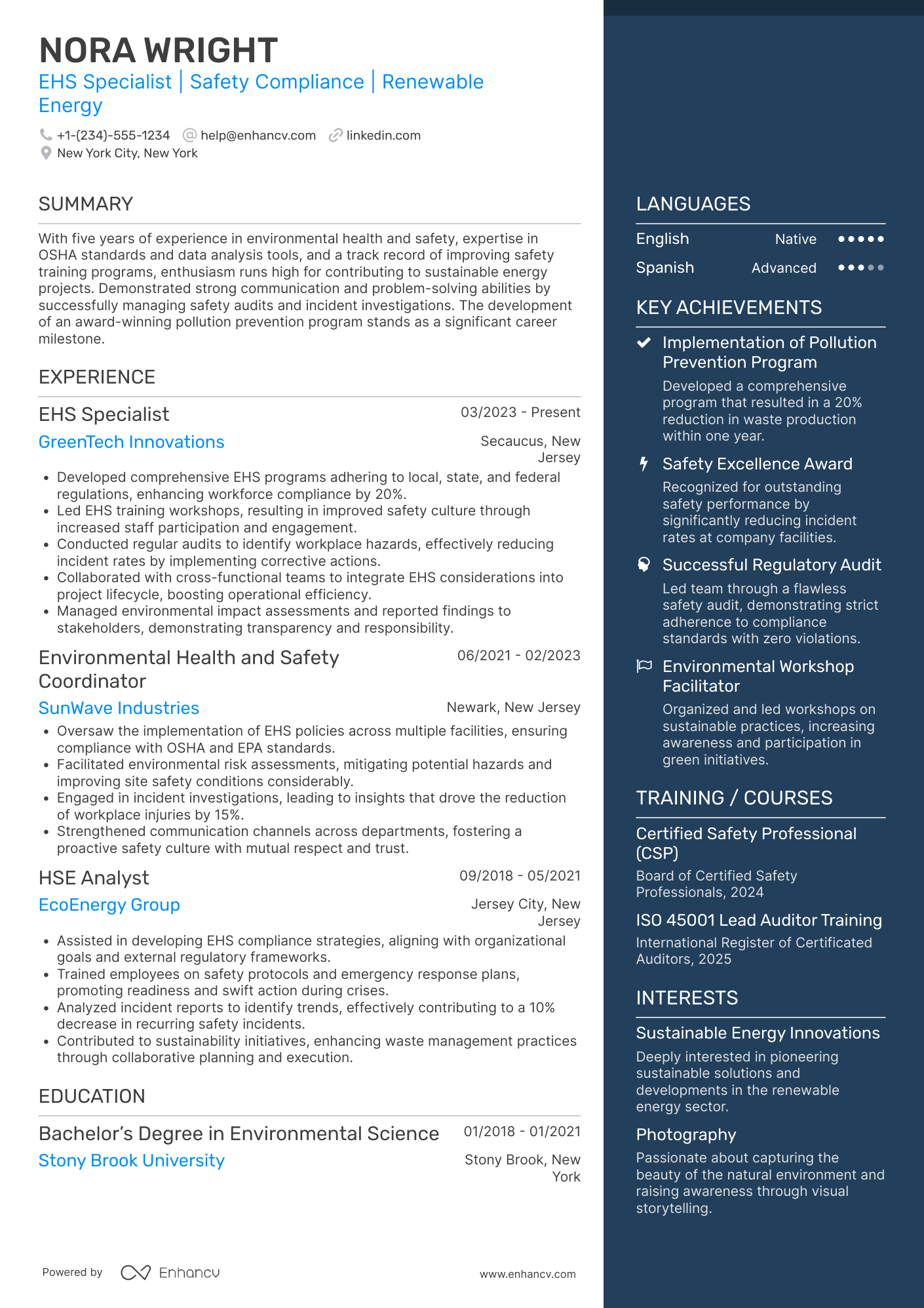 EHS Specialist resume example
