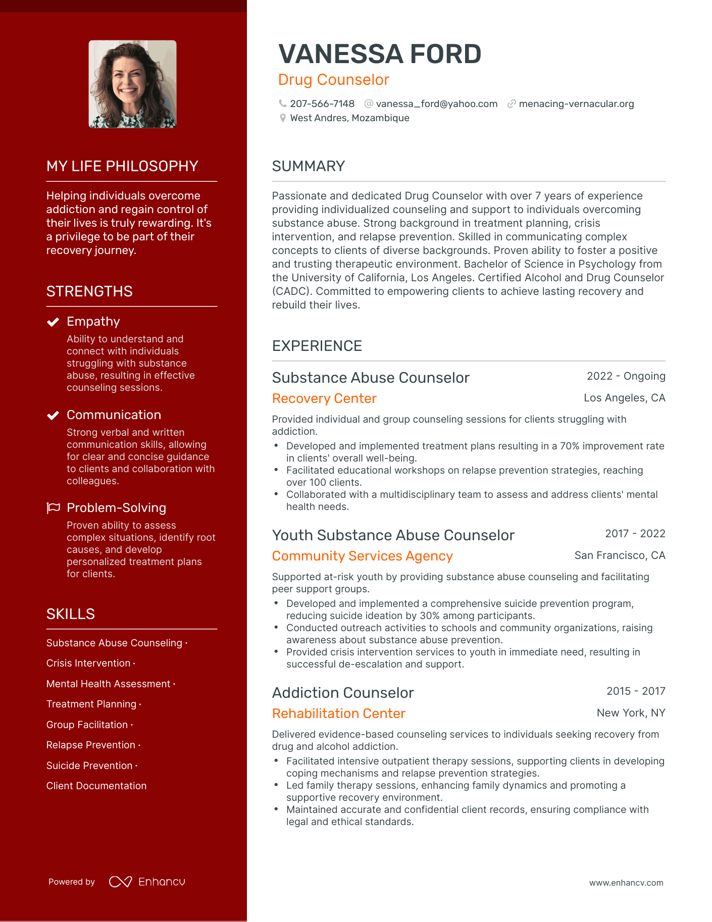 Creative Drug Counselor Resume Example