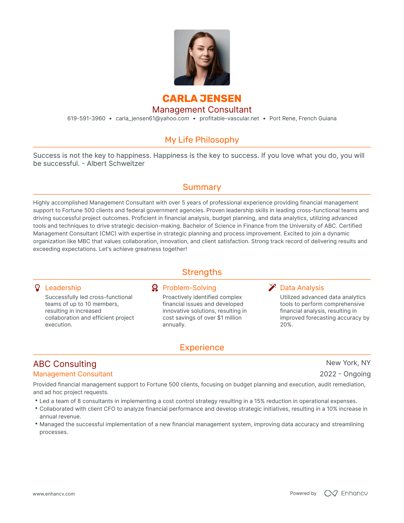 Modern Management Consultant Resume Example