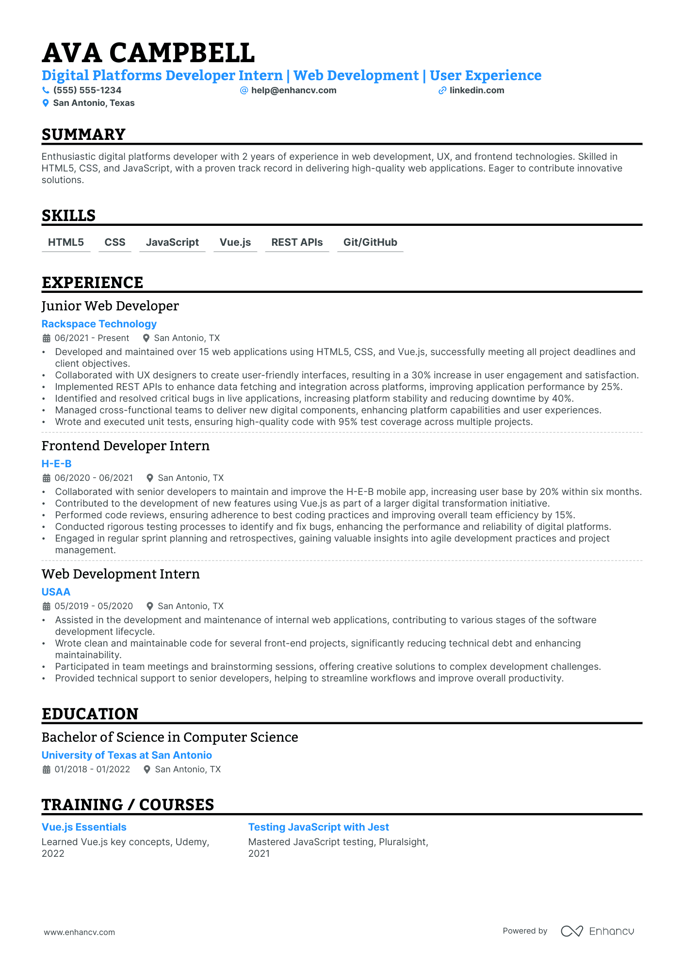 Front End Developer Intern resume example