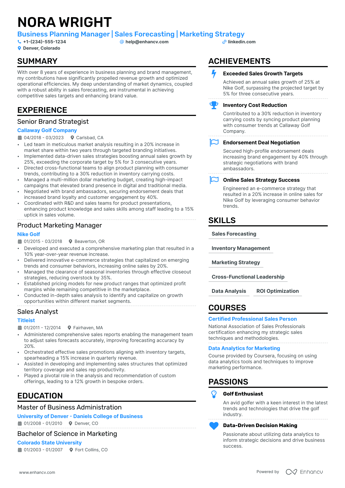 Business Planning Manager resume example