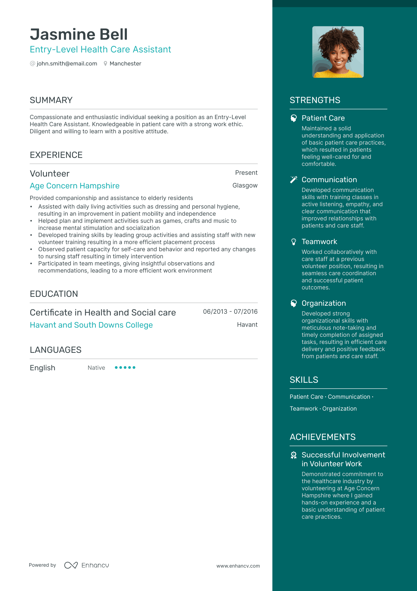 Entry Level Health Care Assistant CV example