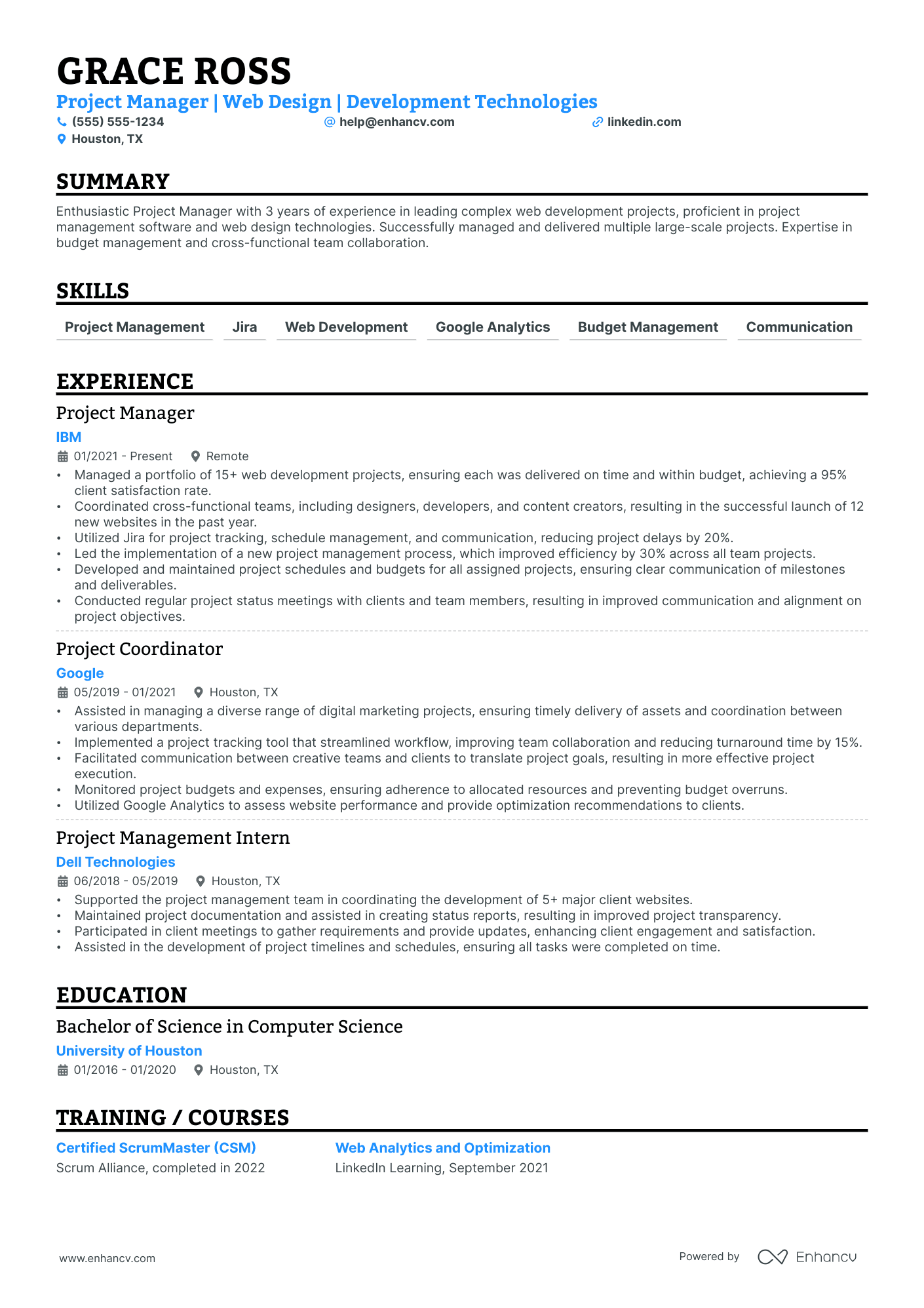 Front End Developer Project Manager resume example