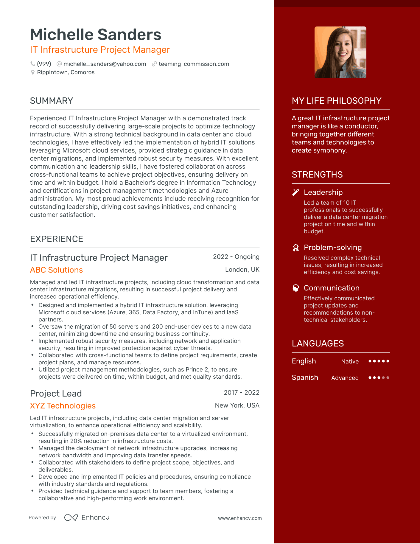 Modern IT Infrastructure Project Manager Resume Example