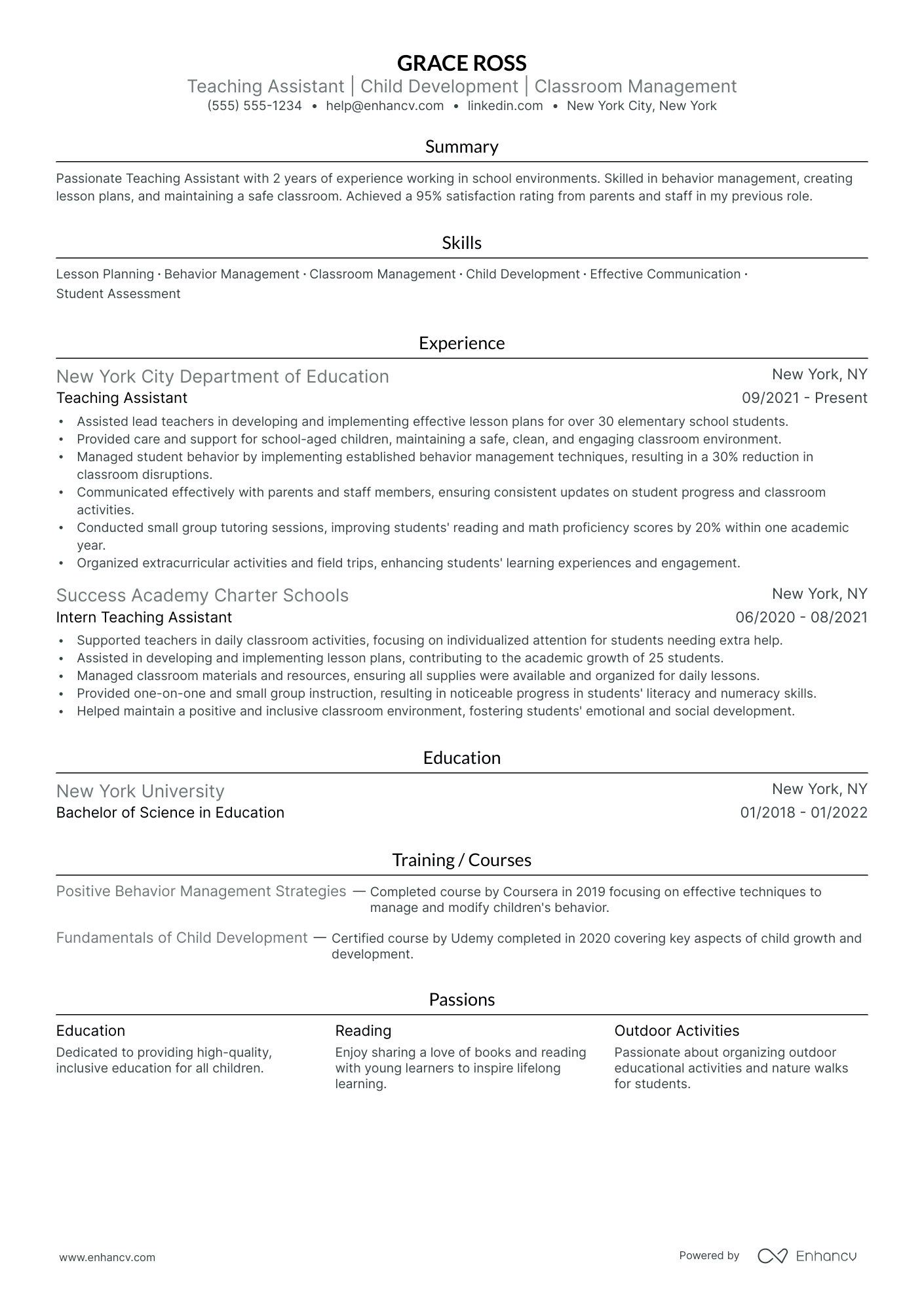 Full-Time Teacher Assistant resume example