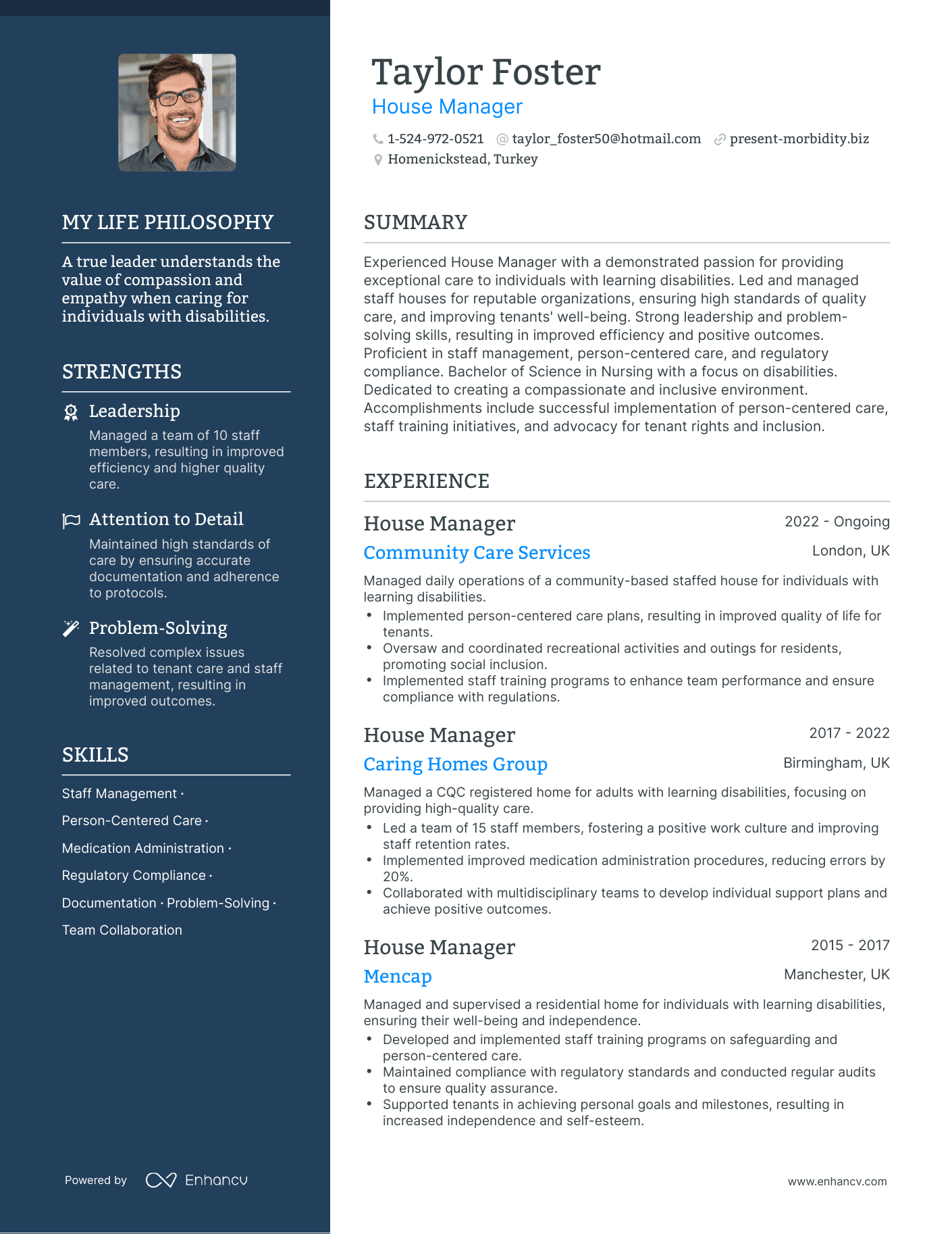 Creative House Manager Resume Example