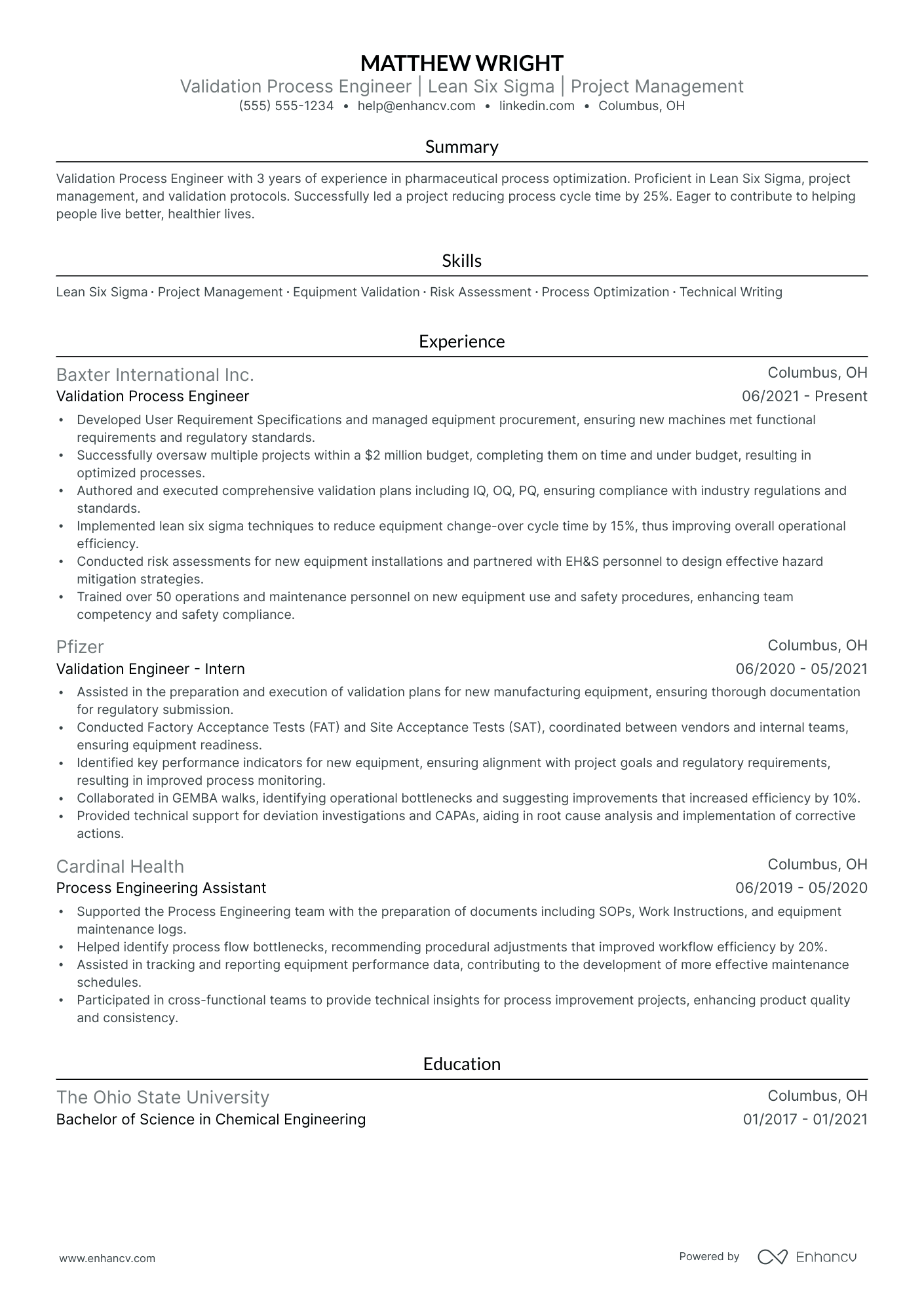 Process Validation Engineer resume example