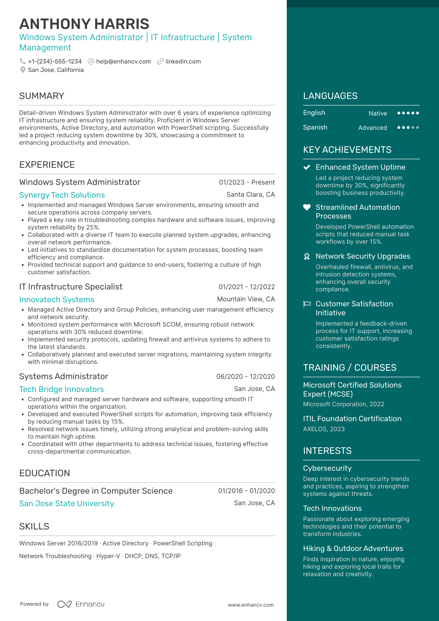Windows System Administrator resume example