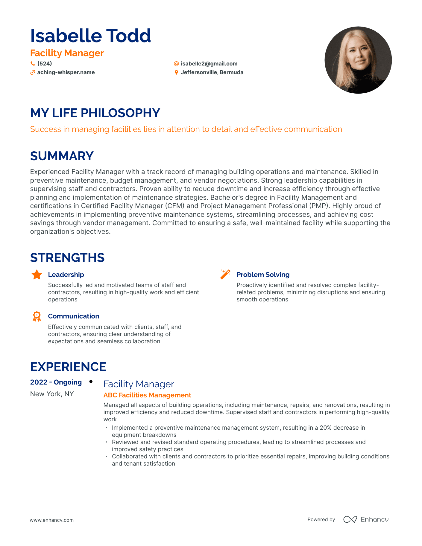 Creative Facility Manager Resume Example