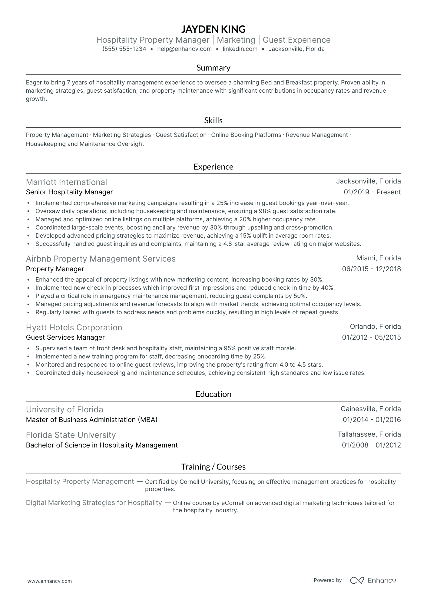 Junior Hospitality Manager resume example