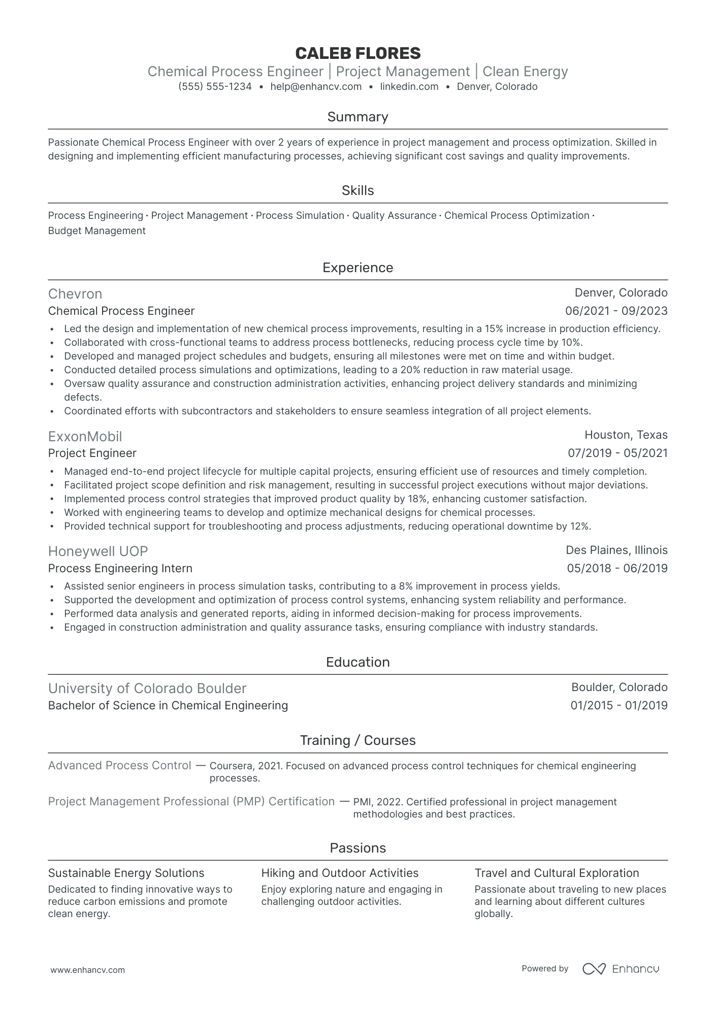 Chemical Project Engineer resume example