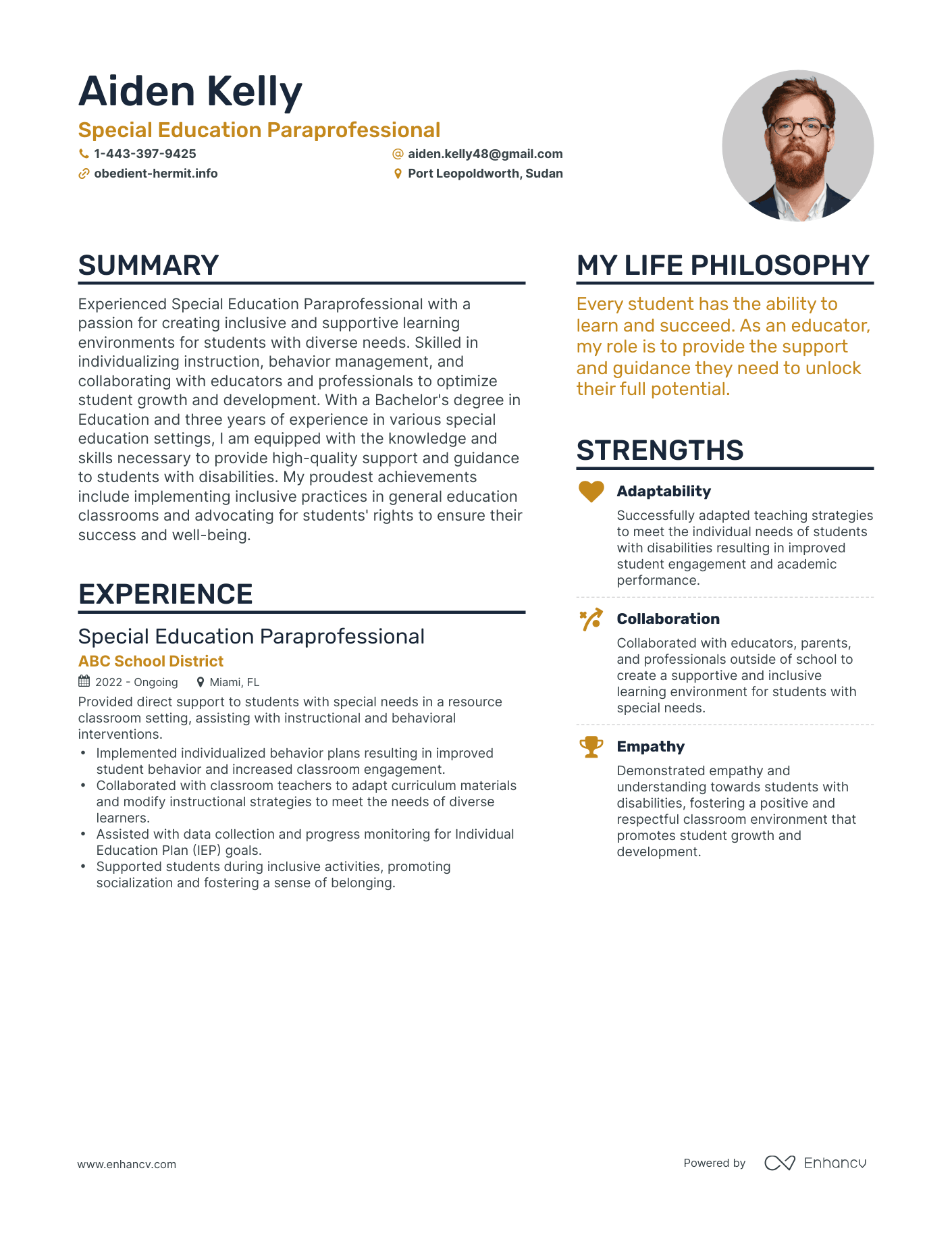 Special Education Paraprofessional resume example
