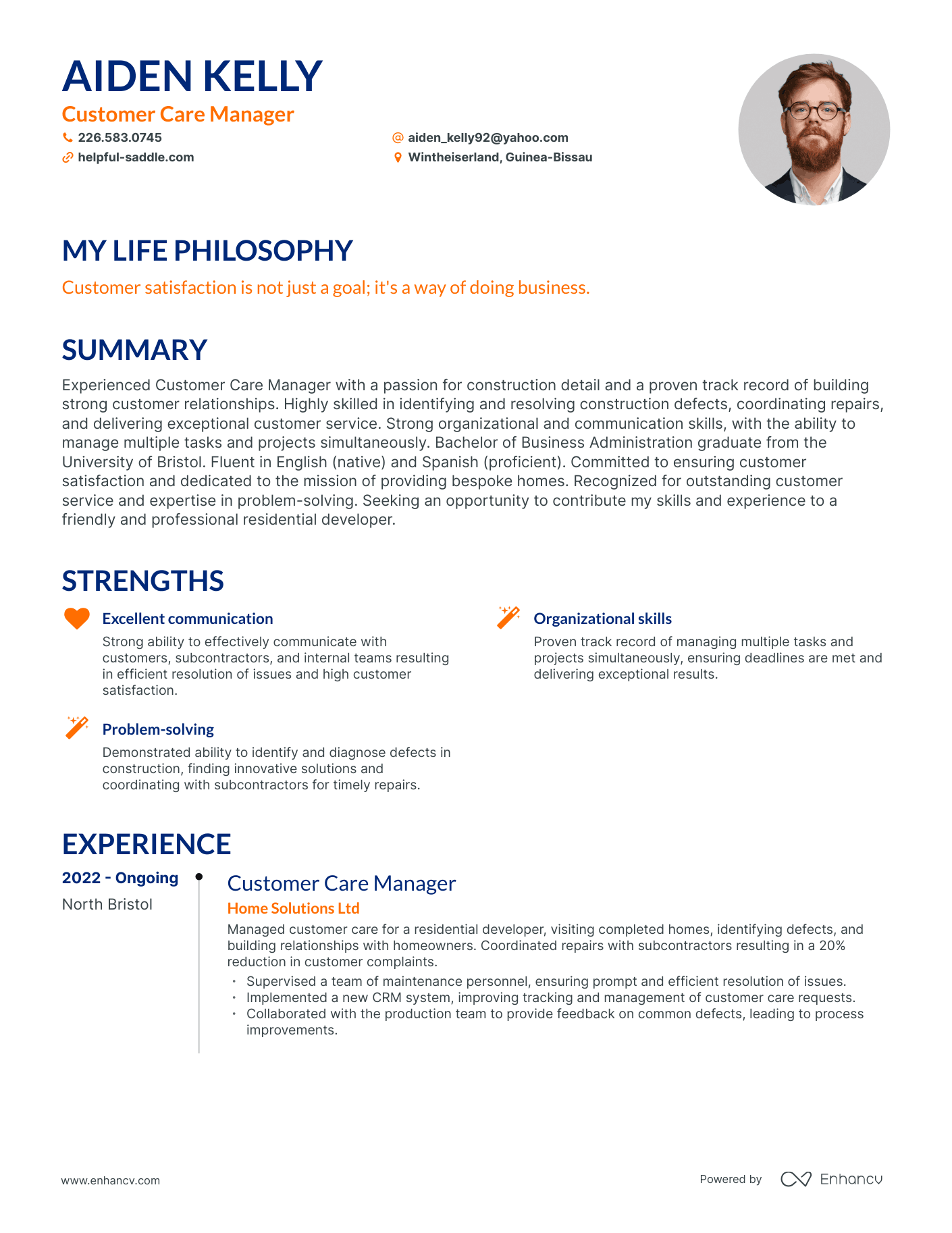 Creative Customer Care Manager Resume Example