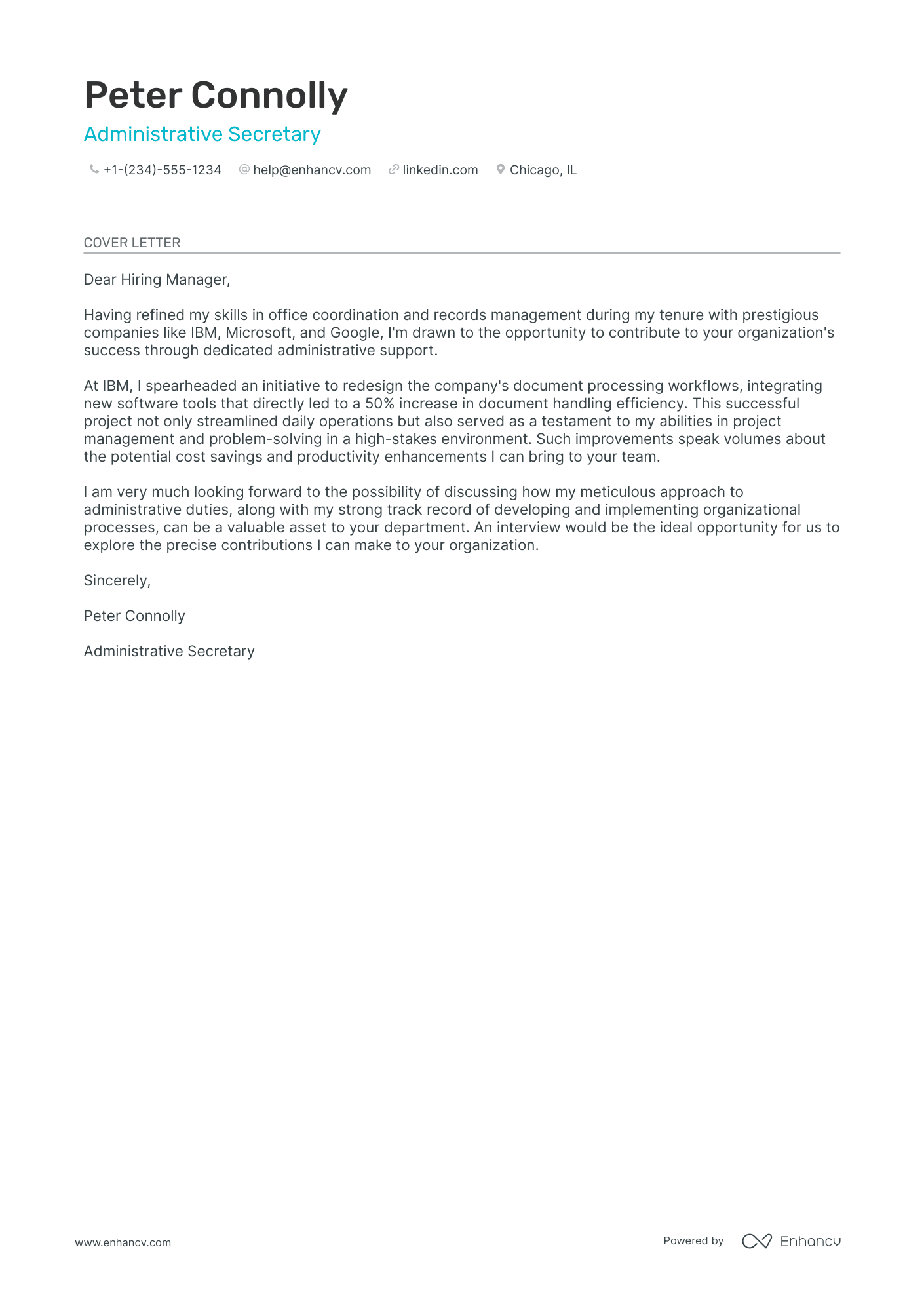 Administrative Secretary cover letter