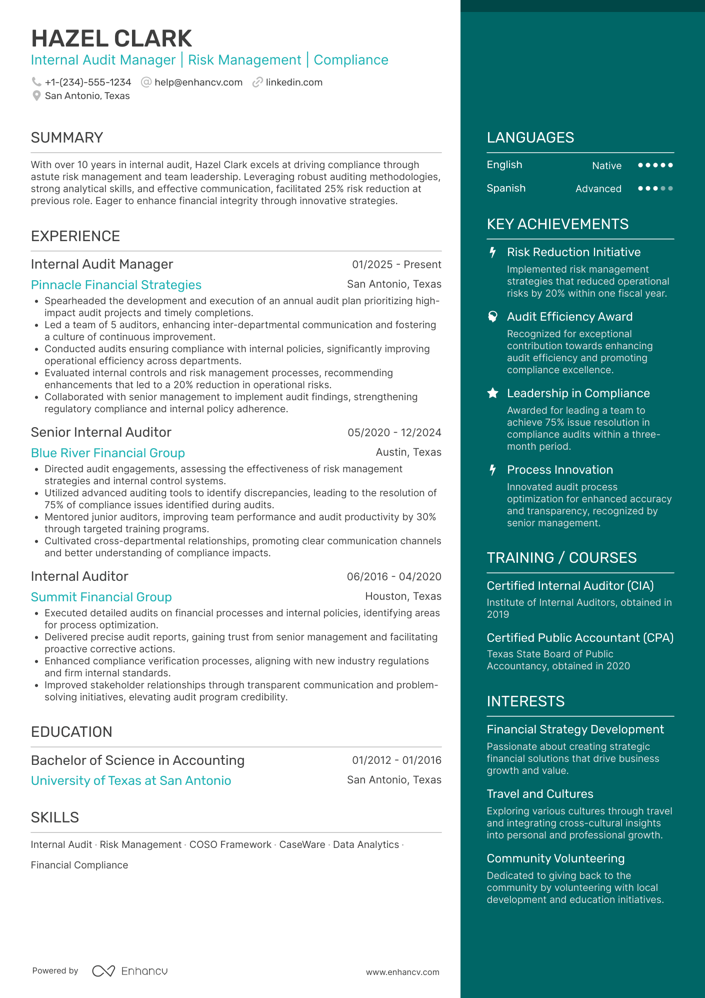 Internal Audit Manager resume example