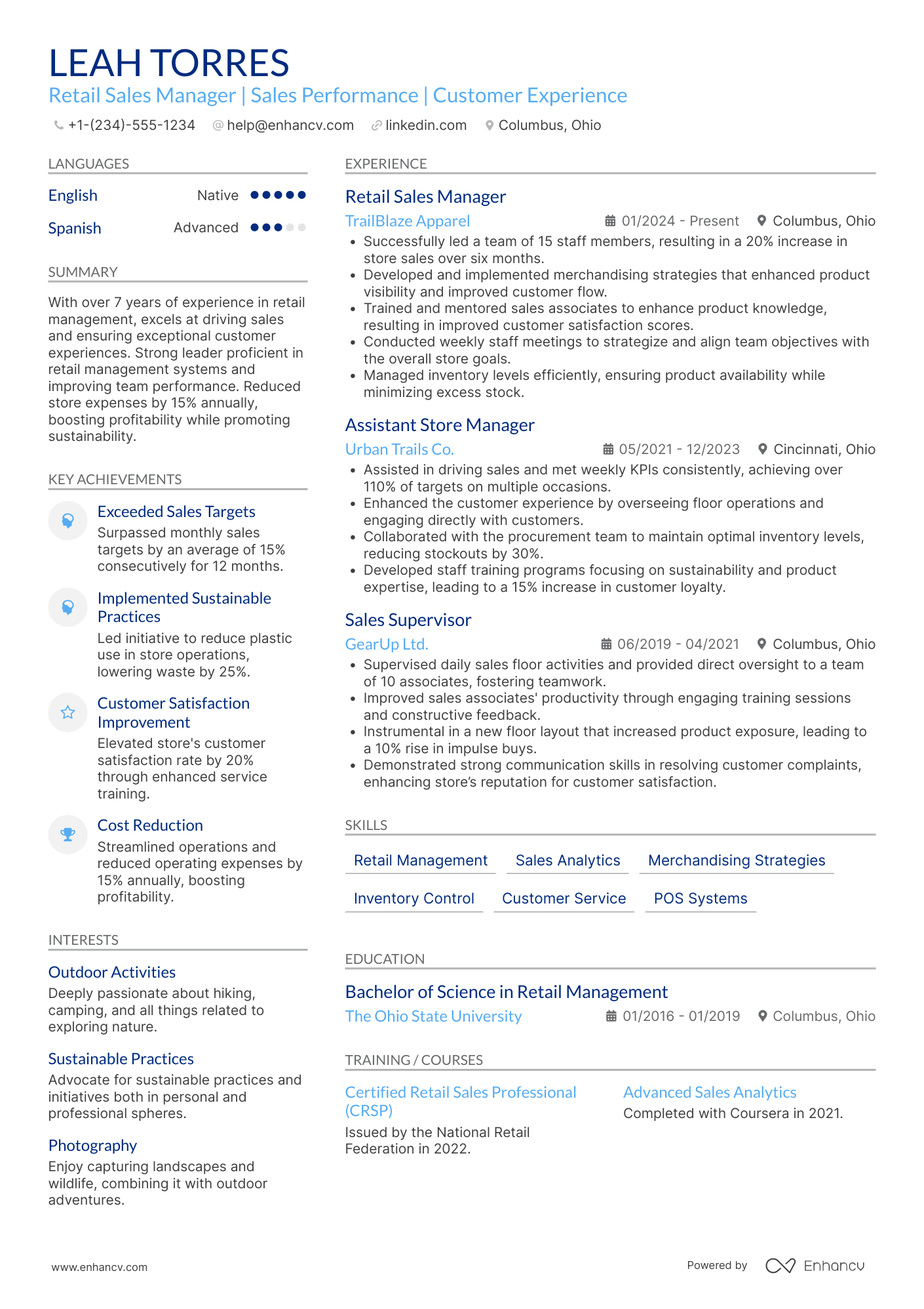 Retail Sales Manager resume example
