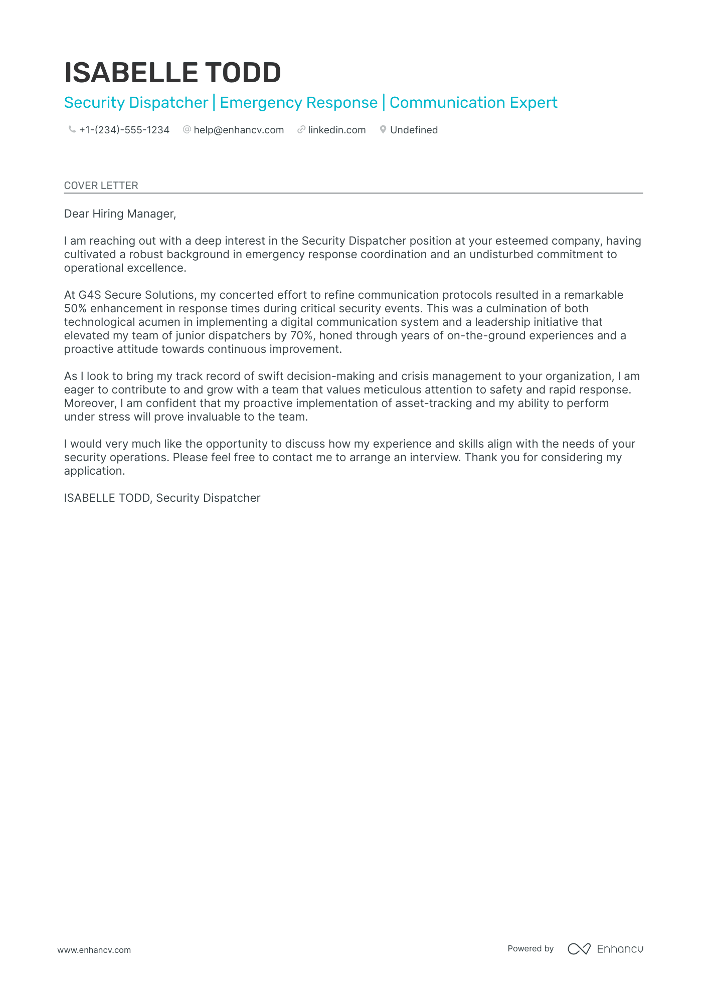 Security Dispatcher cover letter