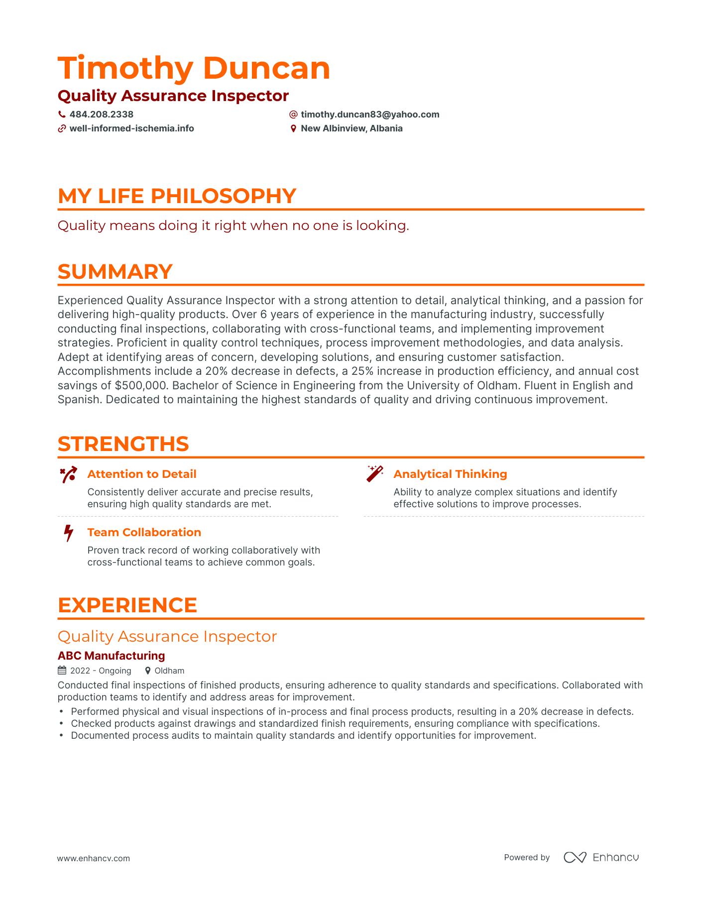 Creative Quality Assurance Inspector Resume Example