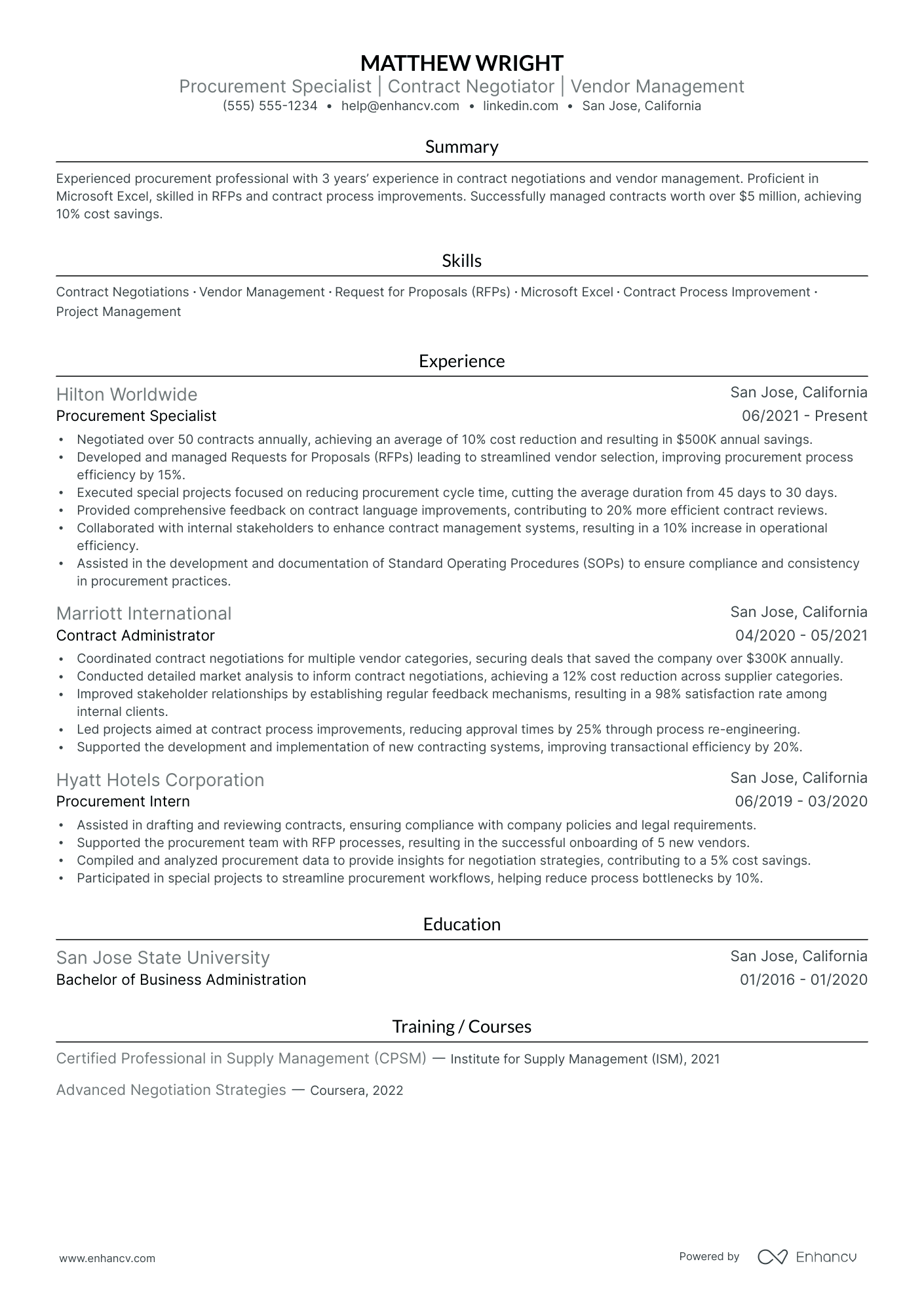 Procurement Contract Manager resume example