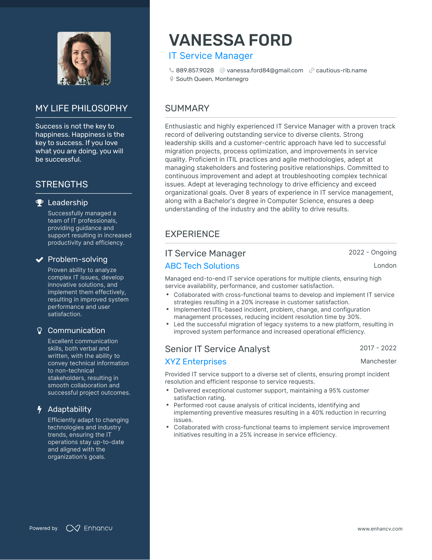 IT Service Manager resume example