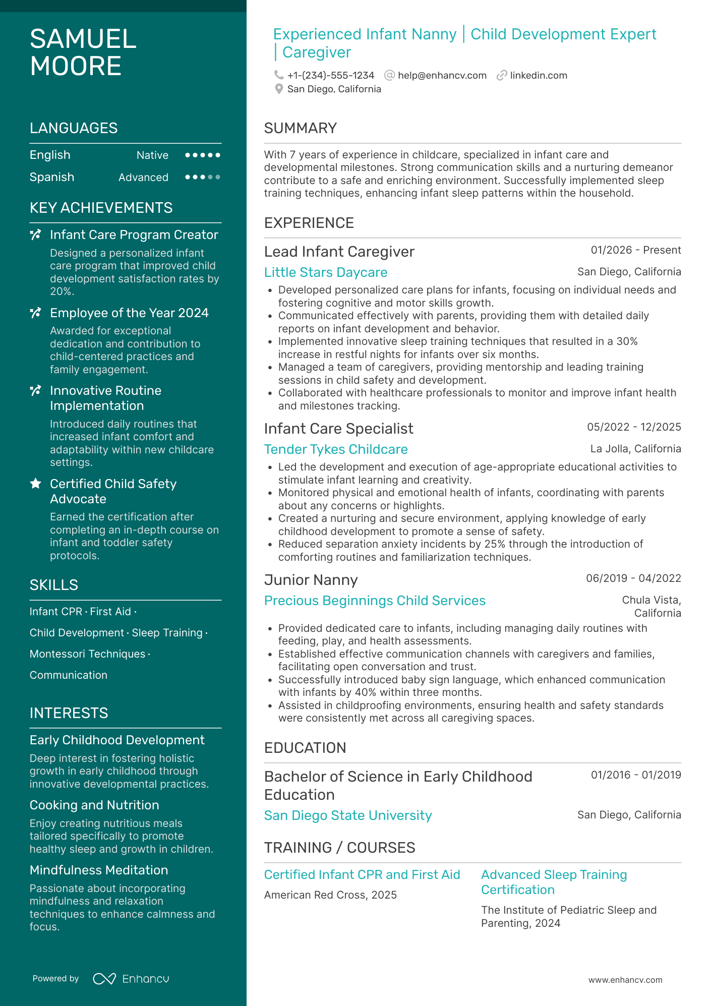 Infant Nanny resume example