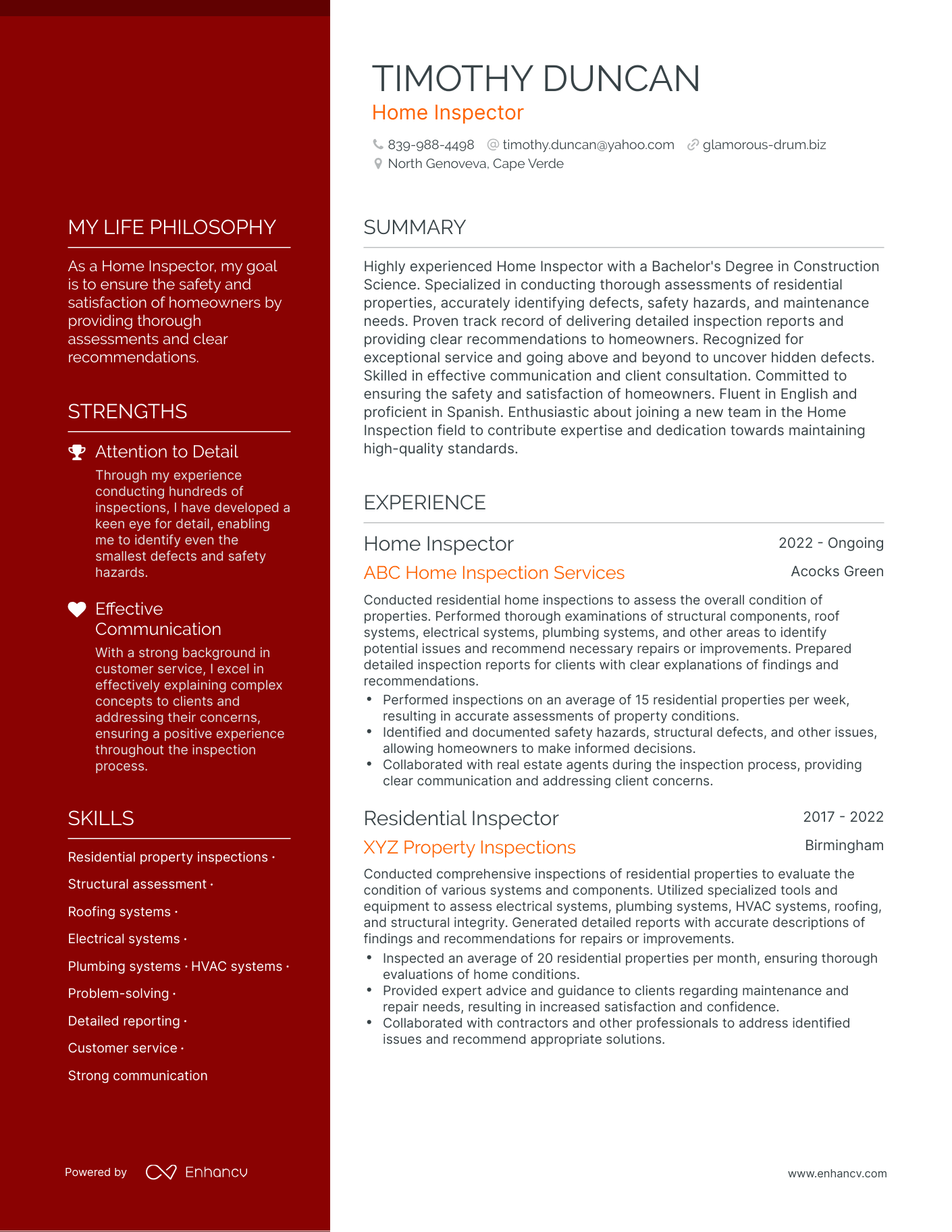 Home Inspector resume example