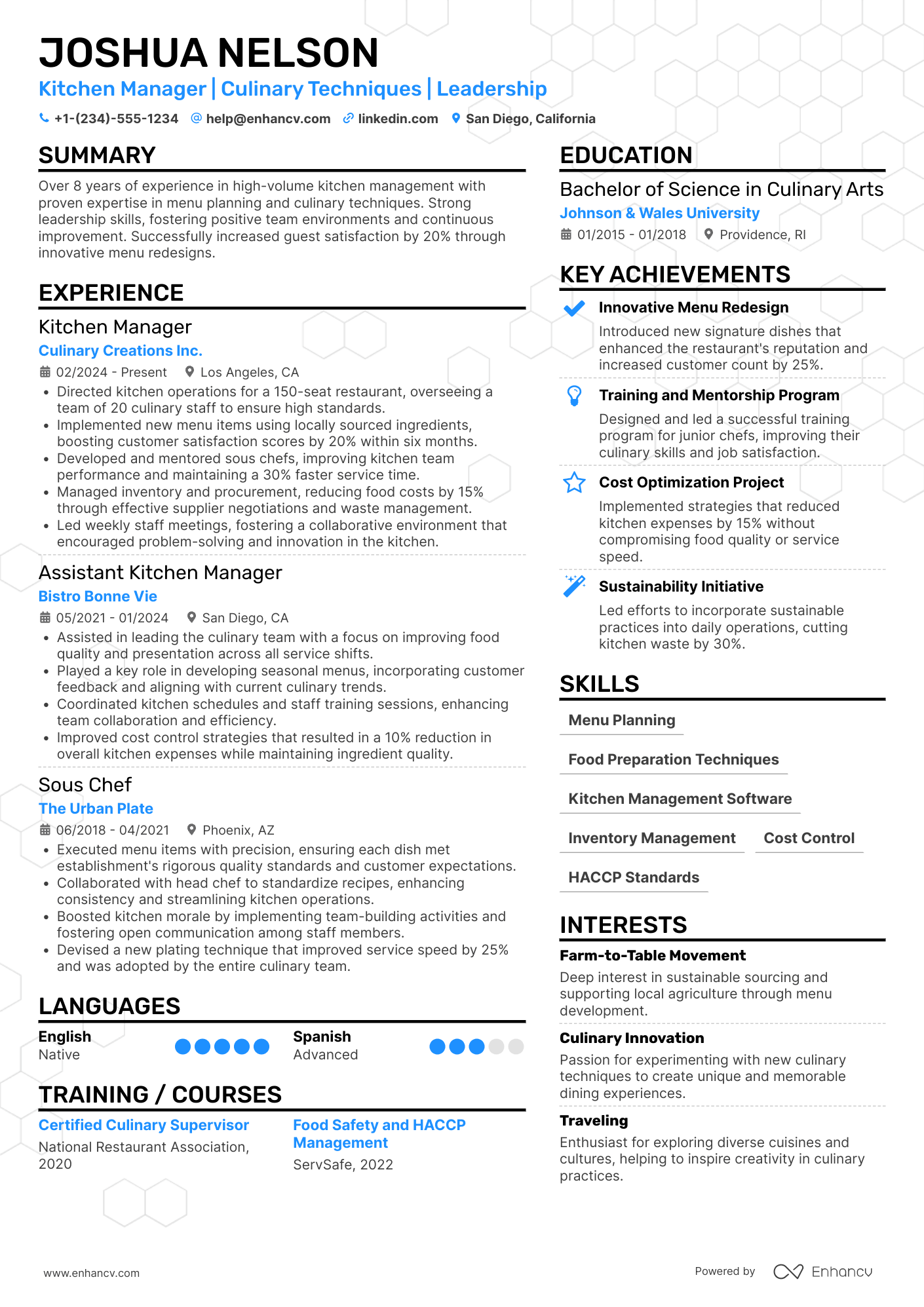 Kitchen Manager resume example