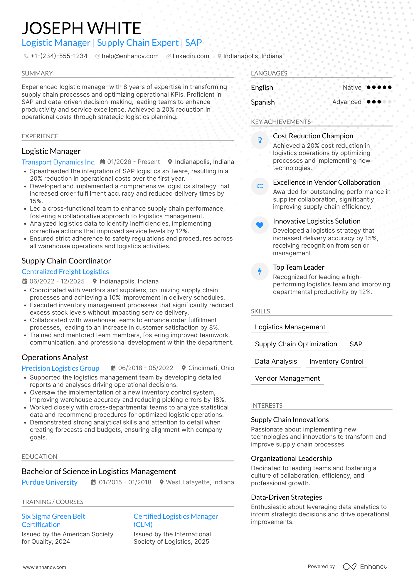 Logistic Manager resume example