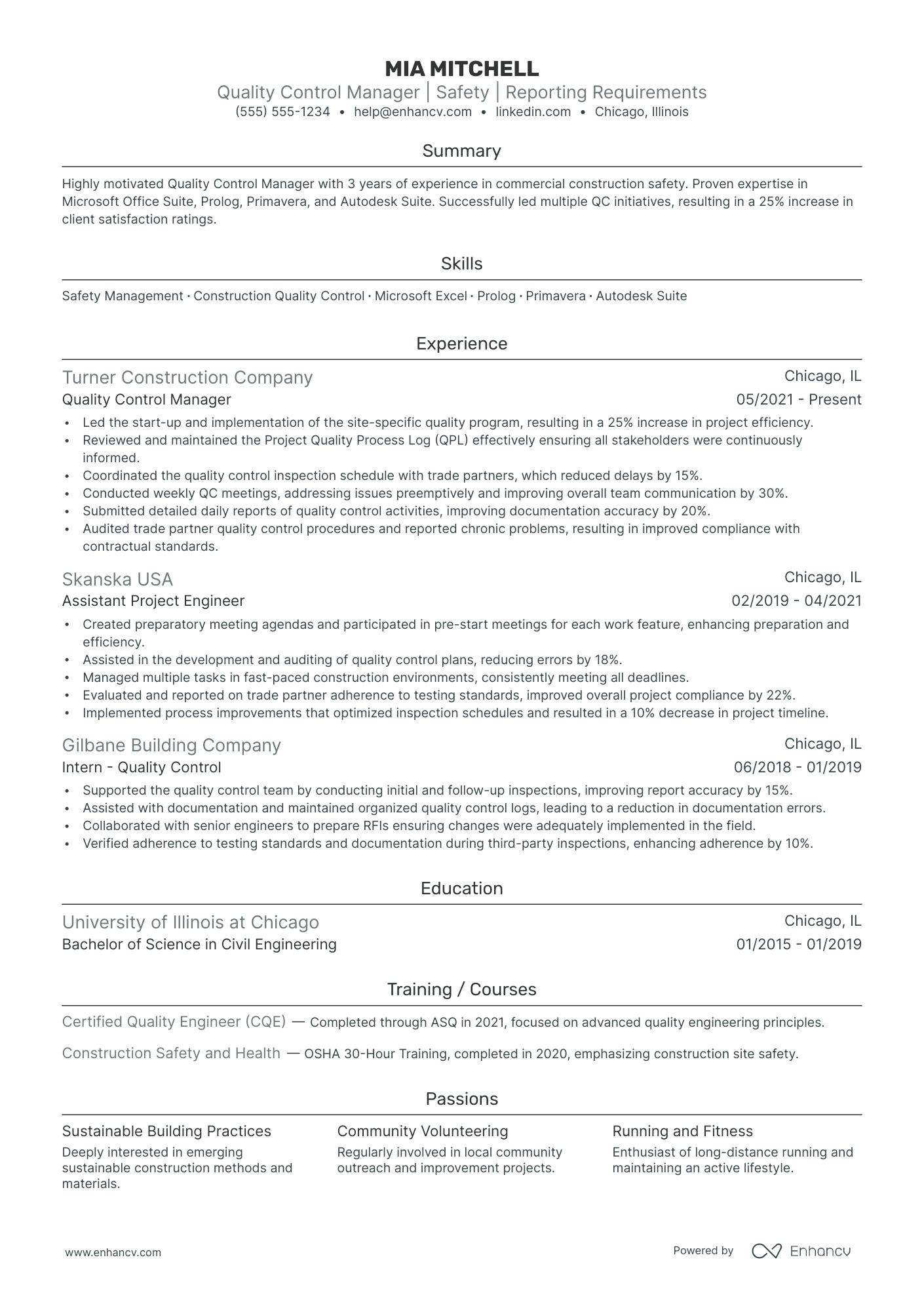 Civil Engineer Quality Control Manager resume example