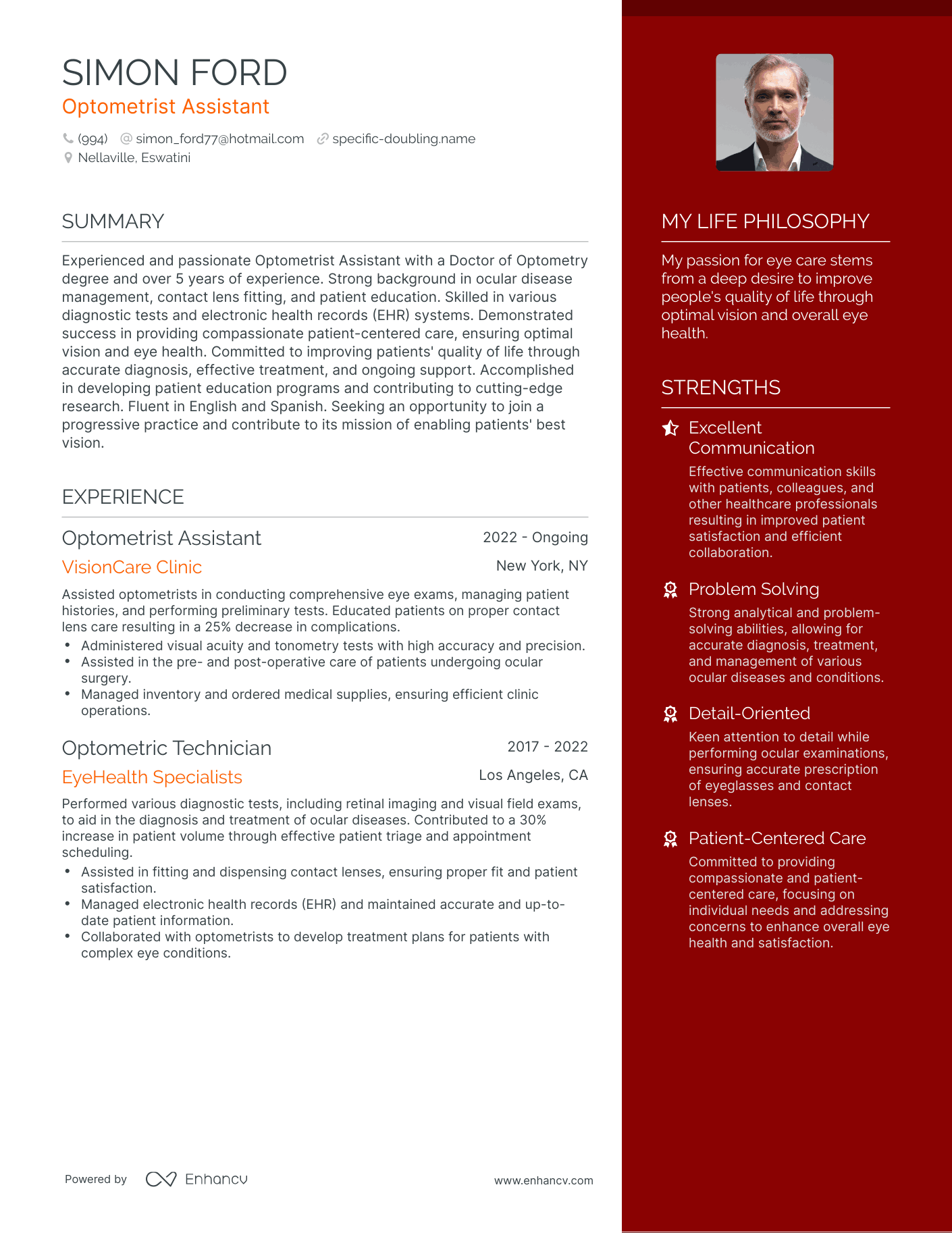 Optometrist Assistant resume example