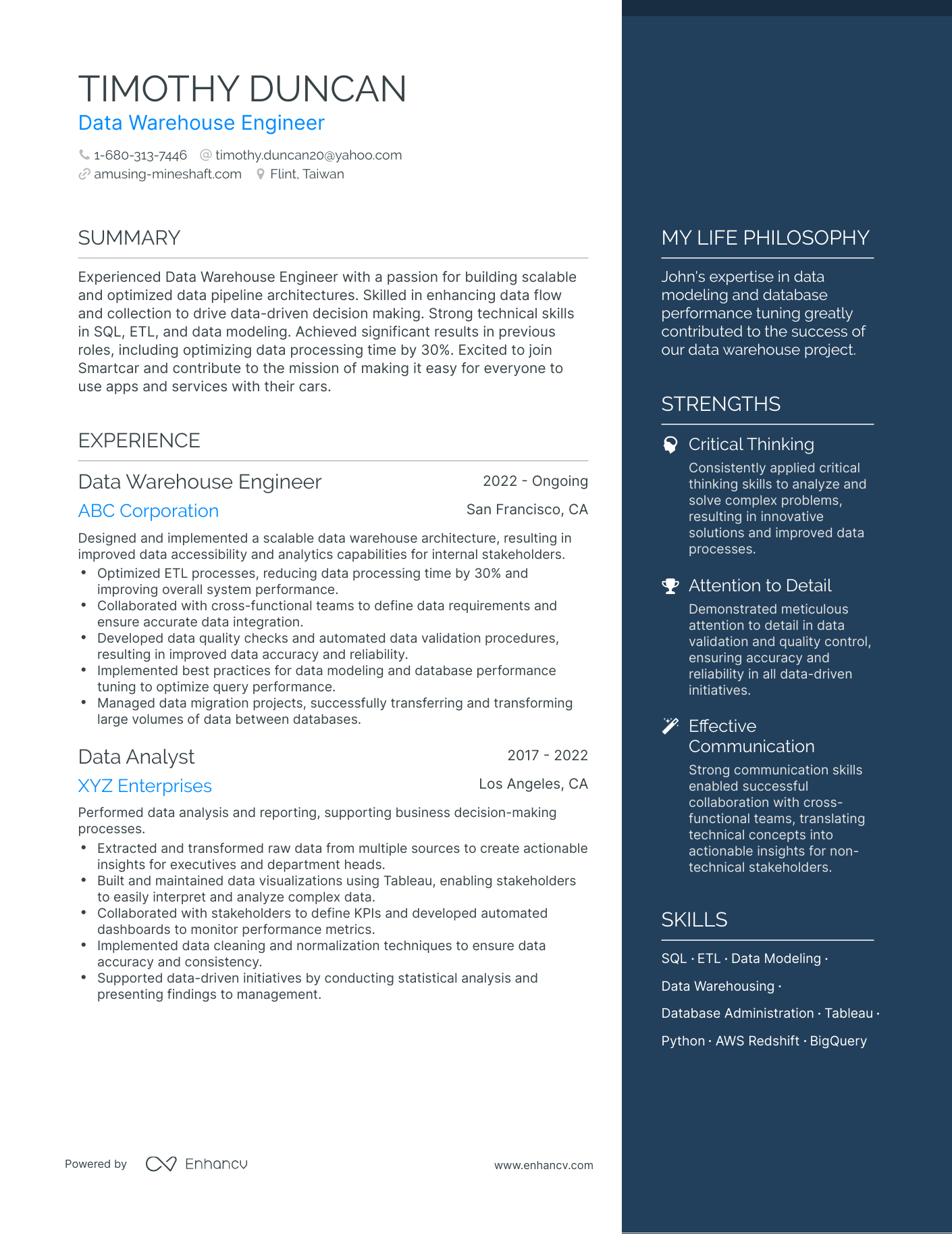 Data Warehouse Engineer resume example