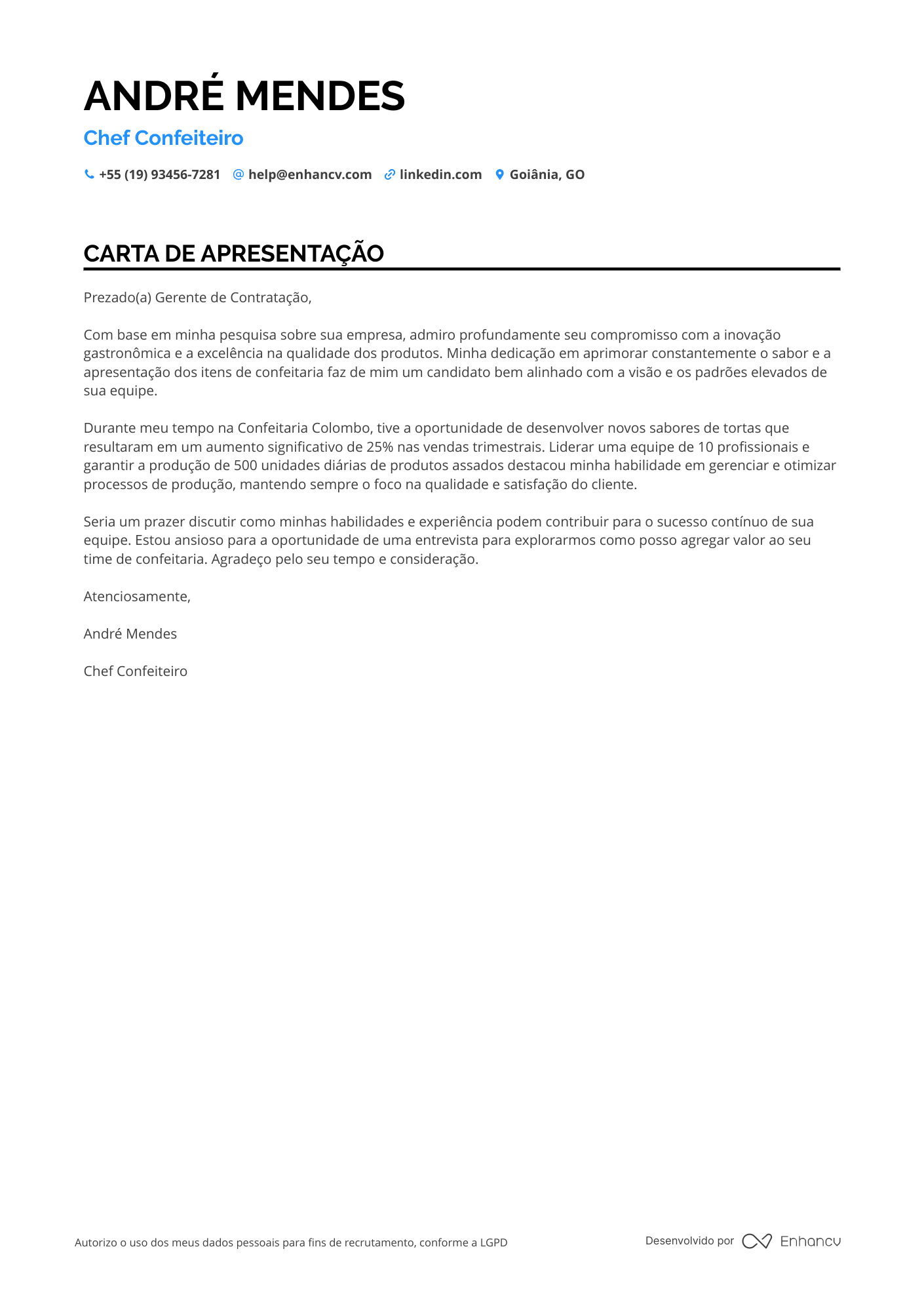 Confeiteiro Carta de apresentação