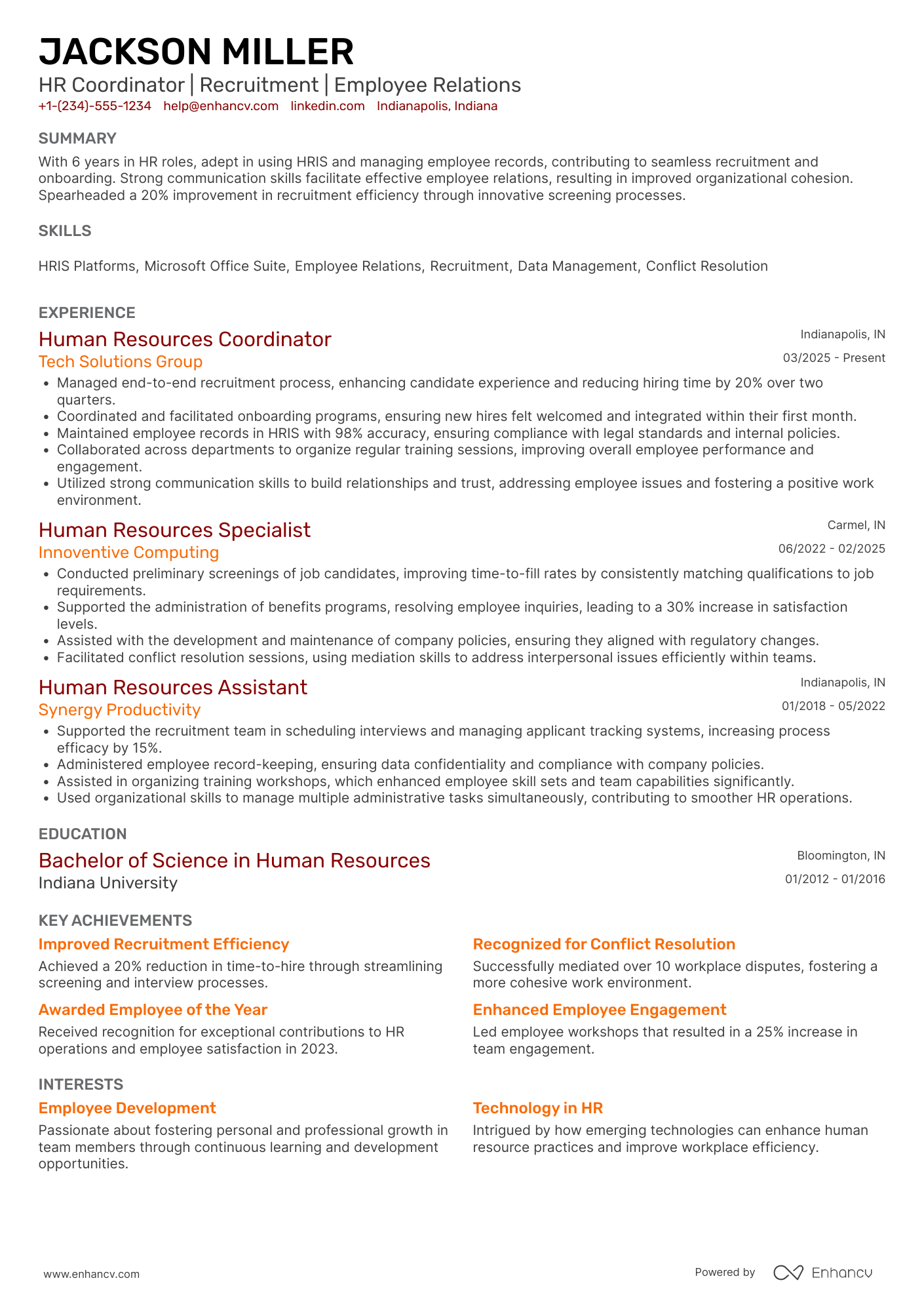Human Resources Coordinator resume example