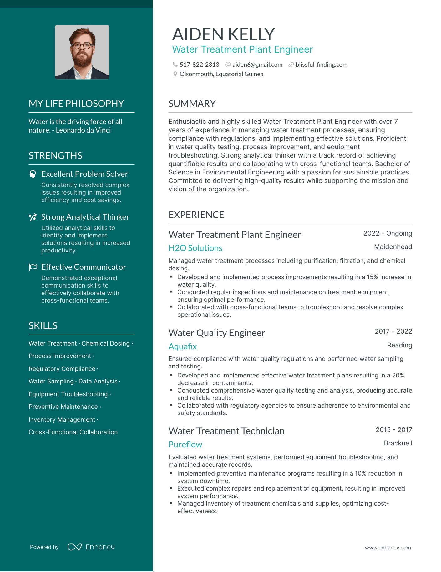 Water Treatment Plant Engineer resume example