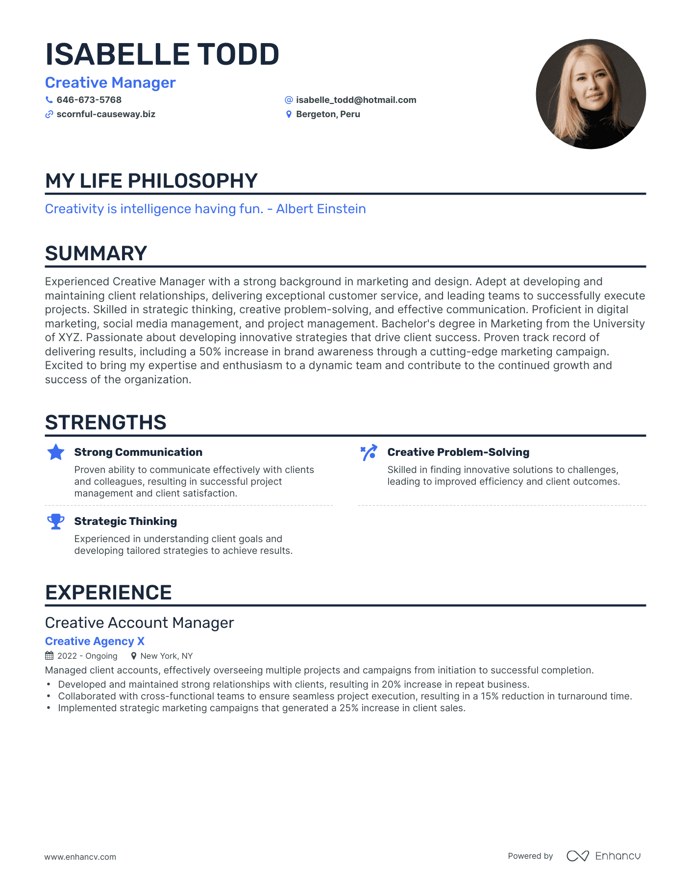 Creative Creative Manager Resume Example