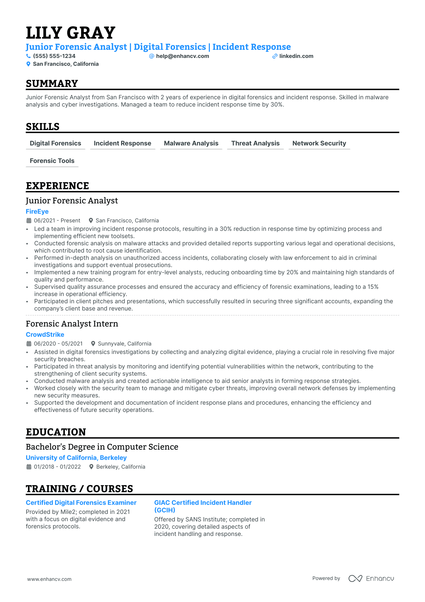 Cybersecurity Forensic Analyst resume example