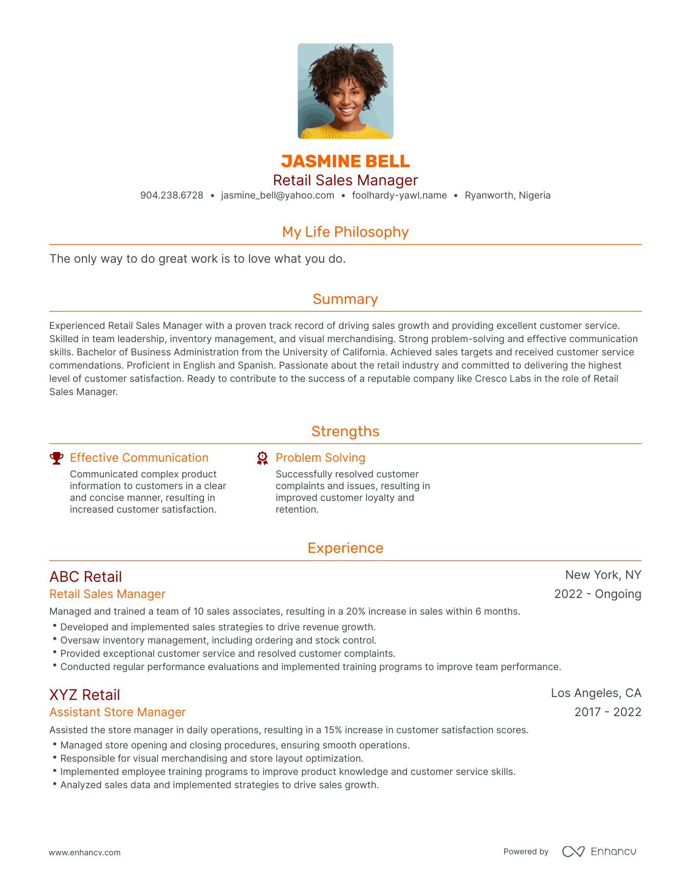 Modern Retail Sales Manager Resume Example